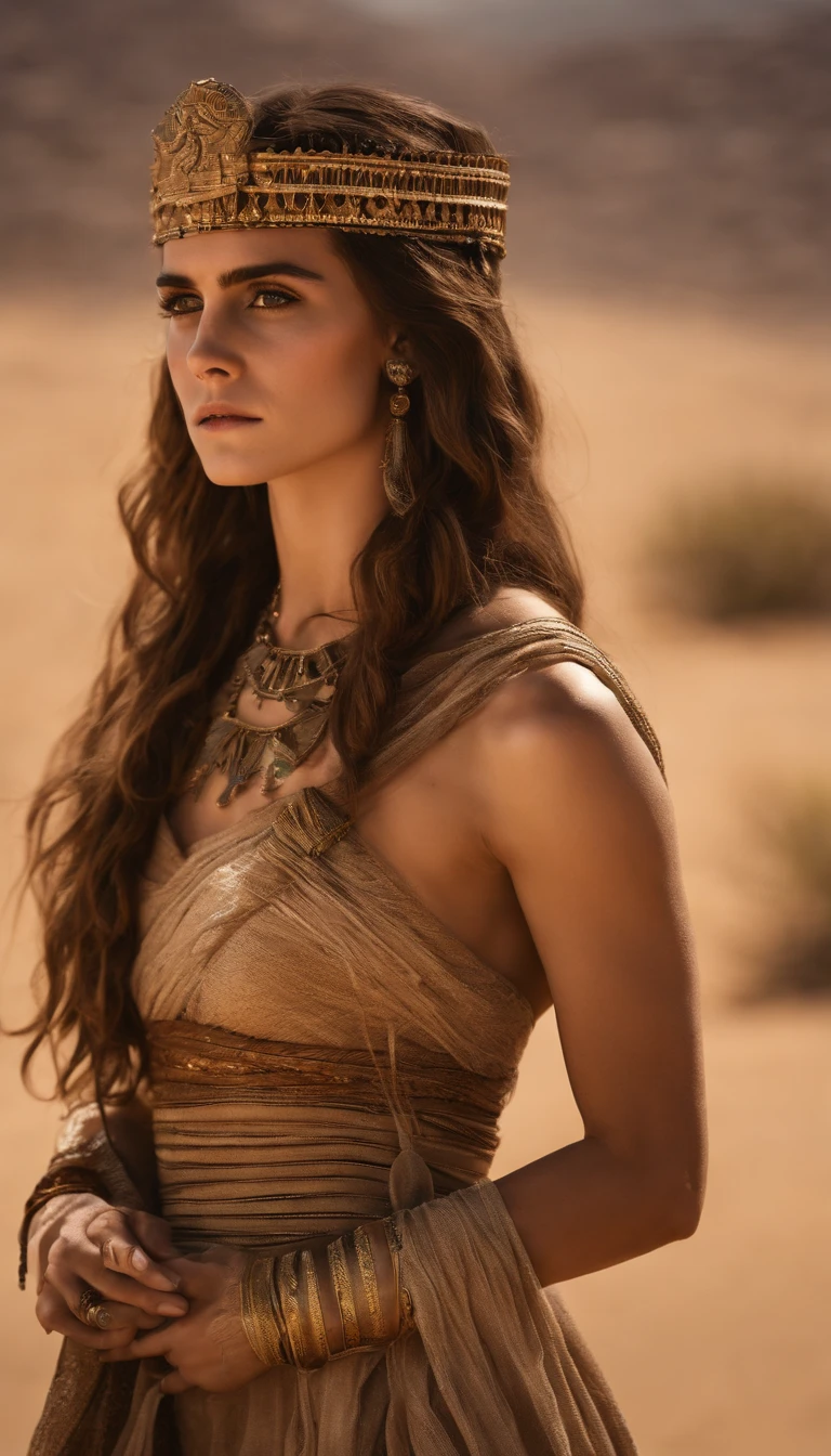 (Emma Watson) long hair, big breasts, sexy body, wearing ancient Egyptian dress sexy slit, sexy cleavage, in the desert