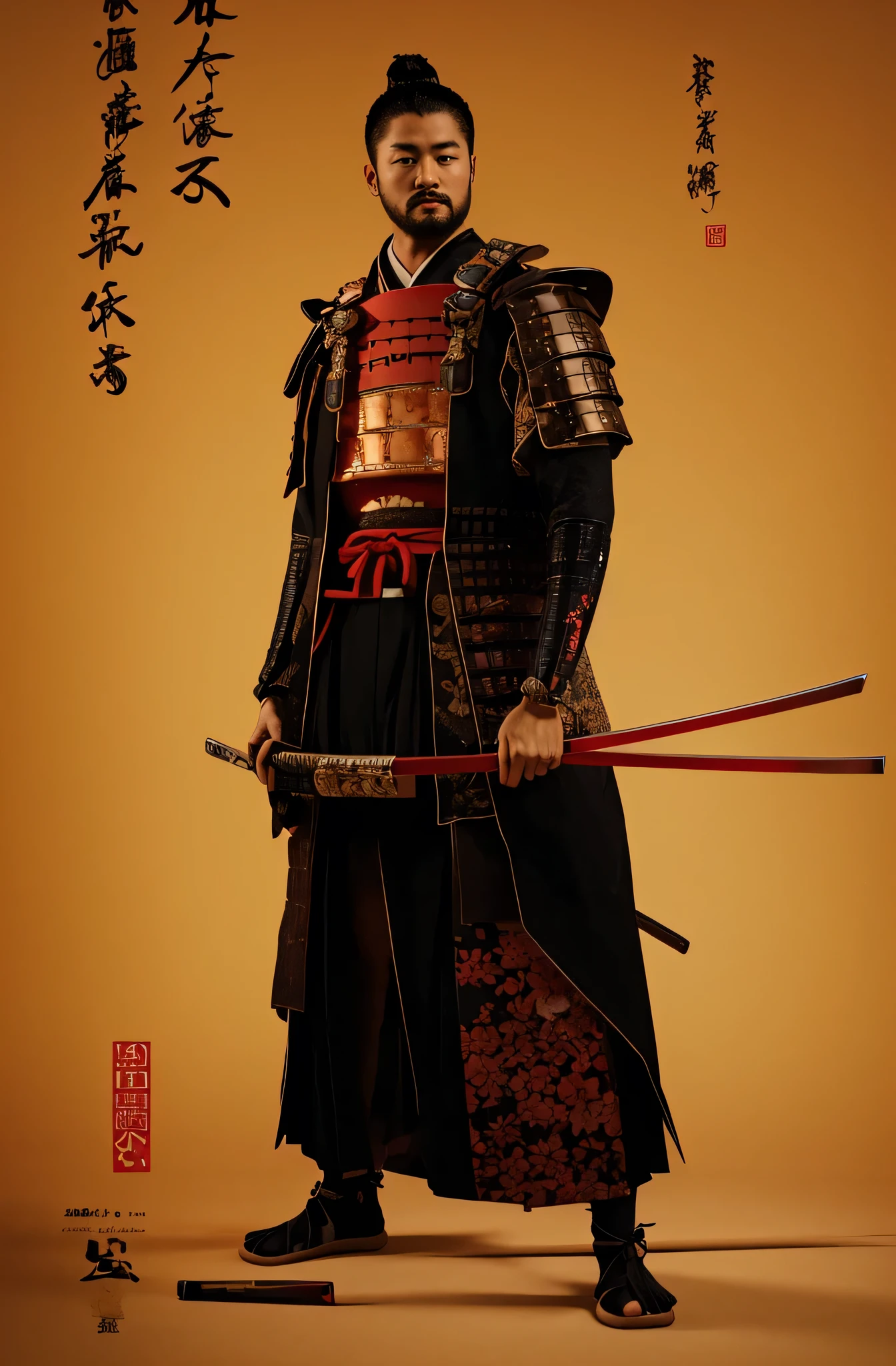 Japanese samurai, Japanese man, Japanese armor, katana, black hair, athletic build, Realism, UHD, retina, masterpiece, accurate, anatomically correct, textured skin, super detail, high details, high quality, award winning, best quality, highres