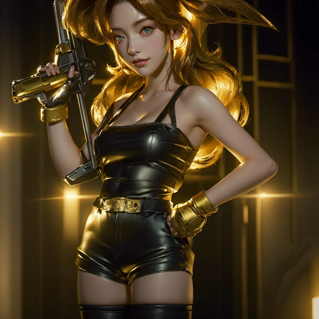 a close up of a woman holding a gun and weaAlsog yellow shorts, April Rendering, From FF7, Faye Valentine, Also, Saiyan Girl, Cammy, Close-up shot, Faye Valentine from cowboy bebop, Bridget from Overwatch, Android 18, Tifa, From Final Fantasy VII, Natalie in an epic battle fantasy, Official artwork, Zodiac Knight Girl