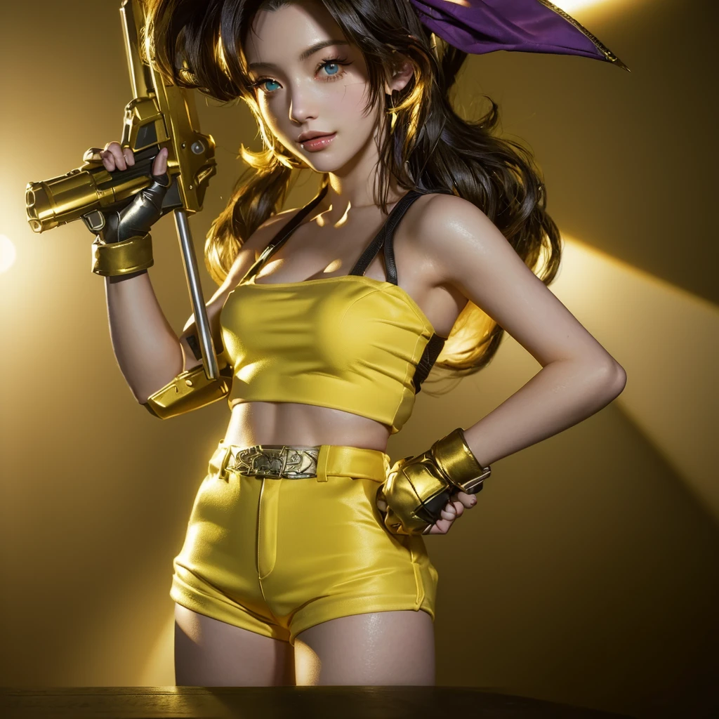 a close up of a woman holding a gun and weaAlsog yellow shorts, April Rendering, From FF7, Faye Valentine, Also, Saiyan Girl, Cammy, Close-up shot, Faye Valentine from cowboy bebop, Bridget from Overwatch, Android 18, Tifa, From Final Fantasy VII, Natalie in an epic battle fantasy, Official artwork, Zodiac Knight Girl