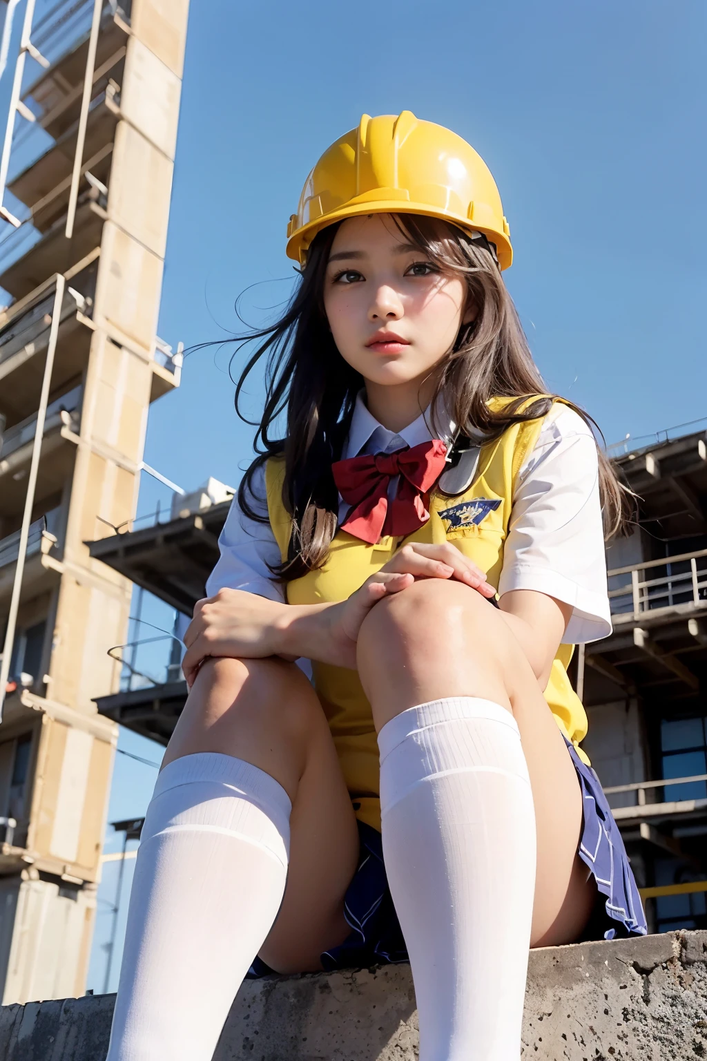 Beautiful School girls,(Sitting in Tower Construction site:1.3), (Blushed face:1.2), (Plump breast:1.2), (School uniform:1.6), (From below:1.5) ,(Yellow helmet:1.3)