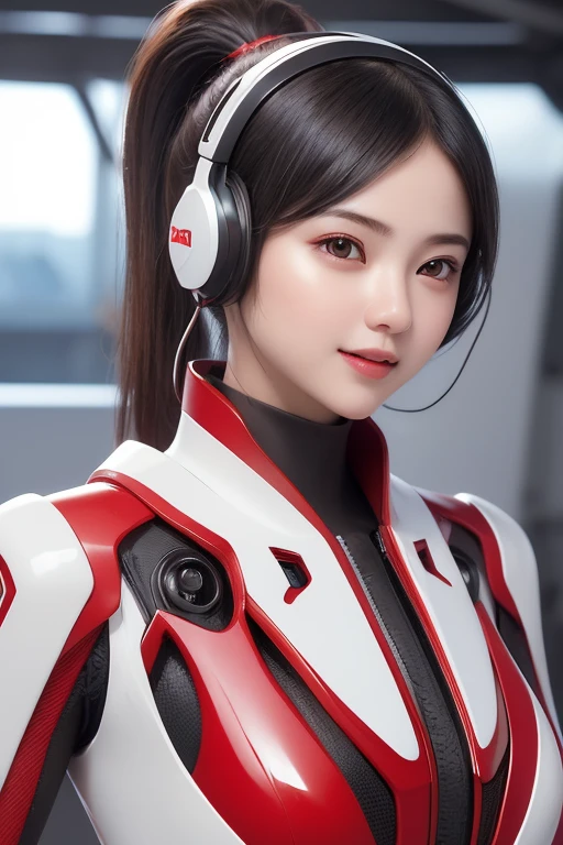 Top Quality, Masterpiece, Ultra High Resolution, (Photorealistic: 1.4), Raw Photo, 1 Girl, Black Hair, Glossy Skin, 1 Mechanical Girl, (((Ultra Realistic Details)), Portrait, Global Illumination, Shadows, Octane Rendering, 8K, Ultra Sharp, Intricate Ornaments Details, realistic skin, sweat effect, ((wearing Headphone)), very intricate detail, realistic light, CGSoation trend, brown eyes, glowing eyes, matte red and glossy white mechanical bodysuit, Long hair, black hair, Ponytail hair, Half body shot, spaceship bridge background, dynamic pose, cute smile, close up, Open Mouth, red collar, white suit