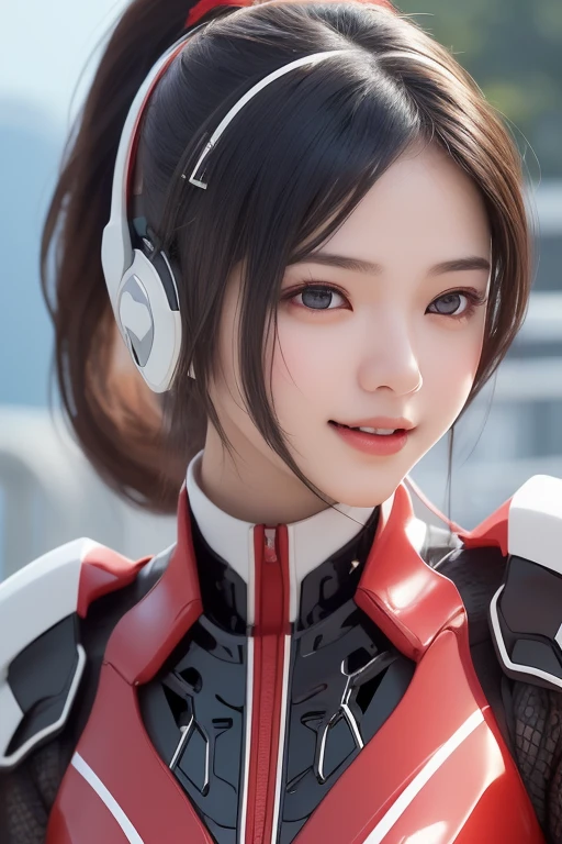 Top Quality, Masterpiece, Ultra High Resolution, (Photorealistic: 1.4), Raw Photo, 1 Girl, Black Hair, Glossy Skin, 1 Mechanical Girl, (((Ultra Realistic Details)), Portrait, Global Illumination, Shadows, Octane Rendering, 8K, Ultra Sharp, Intricate Ornaments Details, realistic skin, sweat effect, ((wearing Headphone)), very intricate detail, realistic light, CGSoation trend, brown eyes, glowing eyes, matte red and glossy white mechanical bodysuit, Long hair, black hair, Ponytail hair, Half body shot, spaceship bridge background, dynamic pose, cute smile, close up, Open Mouth, red collar, white suit