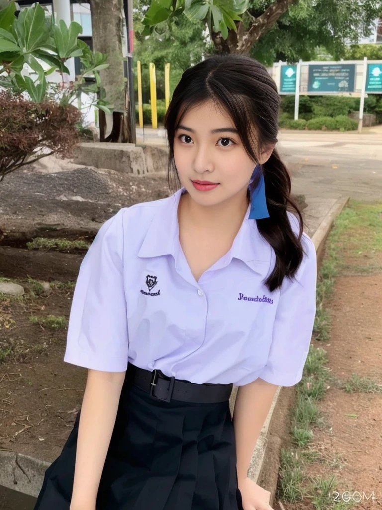 a close up of a woman in a purple shirt and black skirt, girl wearing uniform, wearing school uniform, jk uniform, anime thai girl, wearing a school uniform, seifuku, student, plain uniform sky at the back, wearing japanese school uniform, school uniform, magical school student uniform, wearing headmistress uniform, wearing in shirt, nivanh chanthara