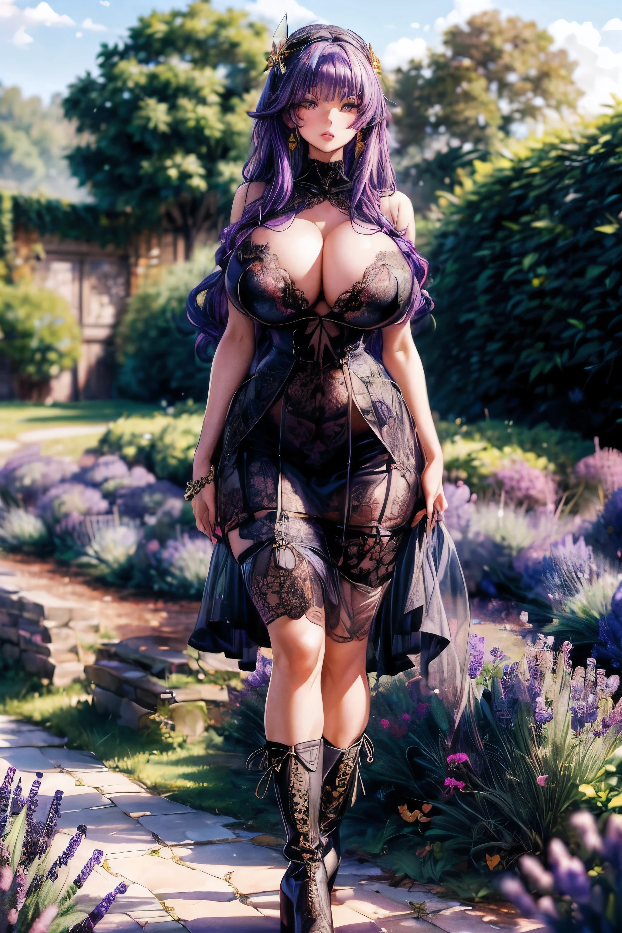 (((1 girl on lavender field))). ((Hair: Purple, shimmering with light and dark tones)). (green-amber eyes), (Face: Heart-shaped, with high cheekbones and a small nose), (((Body: Colossal breasts, prominent hips and wasp waist))). (Skin: Smooth, creamy, without freckles). ((Top: Sheer Floral Lace Corset combining translucent floral lace and intricate embroidery with a silk bralette base)). (A dramatic skirt with a high-low hemline and an asymmetrical cut. The silk fabric features sheer layers and bold, iridescent floral patterns), (Outerwear: Sheer Botanical-patterned Kimono), (Decorative Platform Boots: High-heeled platform boots with lace-up fronts and botanical embroidery), Accessories: Chunky Seed Necklace, Chandelier Leaf Earrings, (Hair: Loose, cascading waves complemented by a bejeweled hairpins), (Makeup: Bold and refined, featuring deep green or earthy-toned eyeshadow with a rich berry), Lira's physique is a striking example of exaggerated sexual allure. Her measurements are extreme, with a voluptuous bust (B105), a dramatically narrow waist (W50), and wide, shapely hips (H95). Every curve is meticulously designed to draw attention and desire.