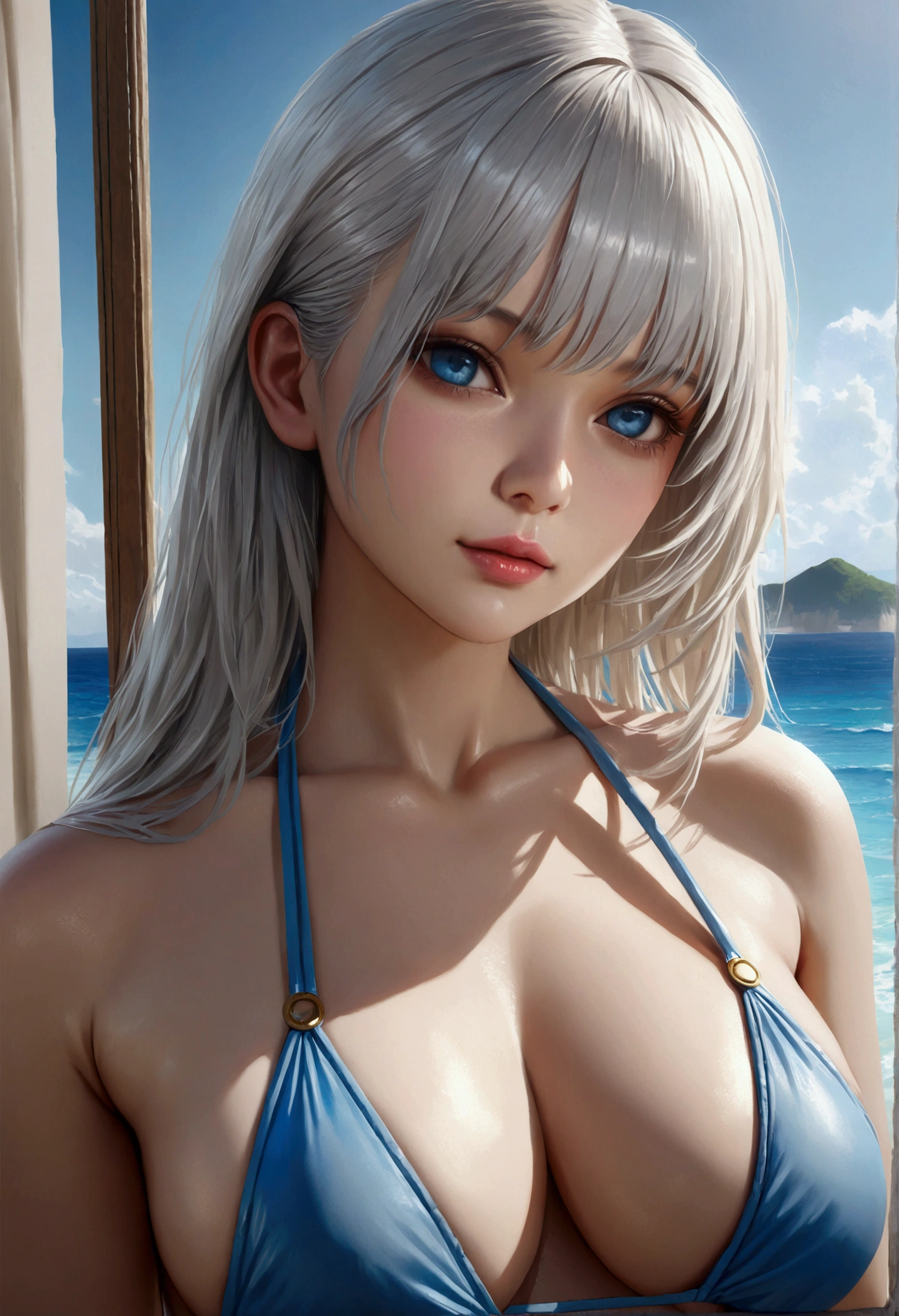 1girl, white hair, sky-blue eyes, aesthetic built, bikini, (best quality,4k,8k,highres,masterpiece:1.2),ultra-detailed,(realistic,photorealistic,photo-realistic:1.37),HDR,UHD,studio lighting,ultra-fine painting,sharp focus,physically-based rendering,extreme detail description,professional,vivid colors,bokeh,fantasy,dreamy,soft lighting,ethereal,serene,calm