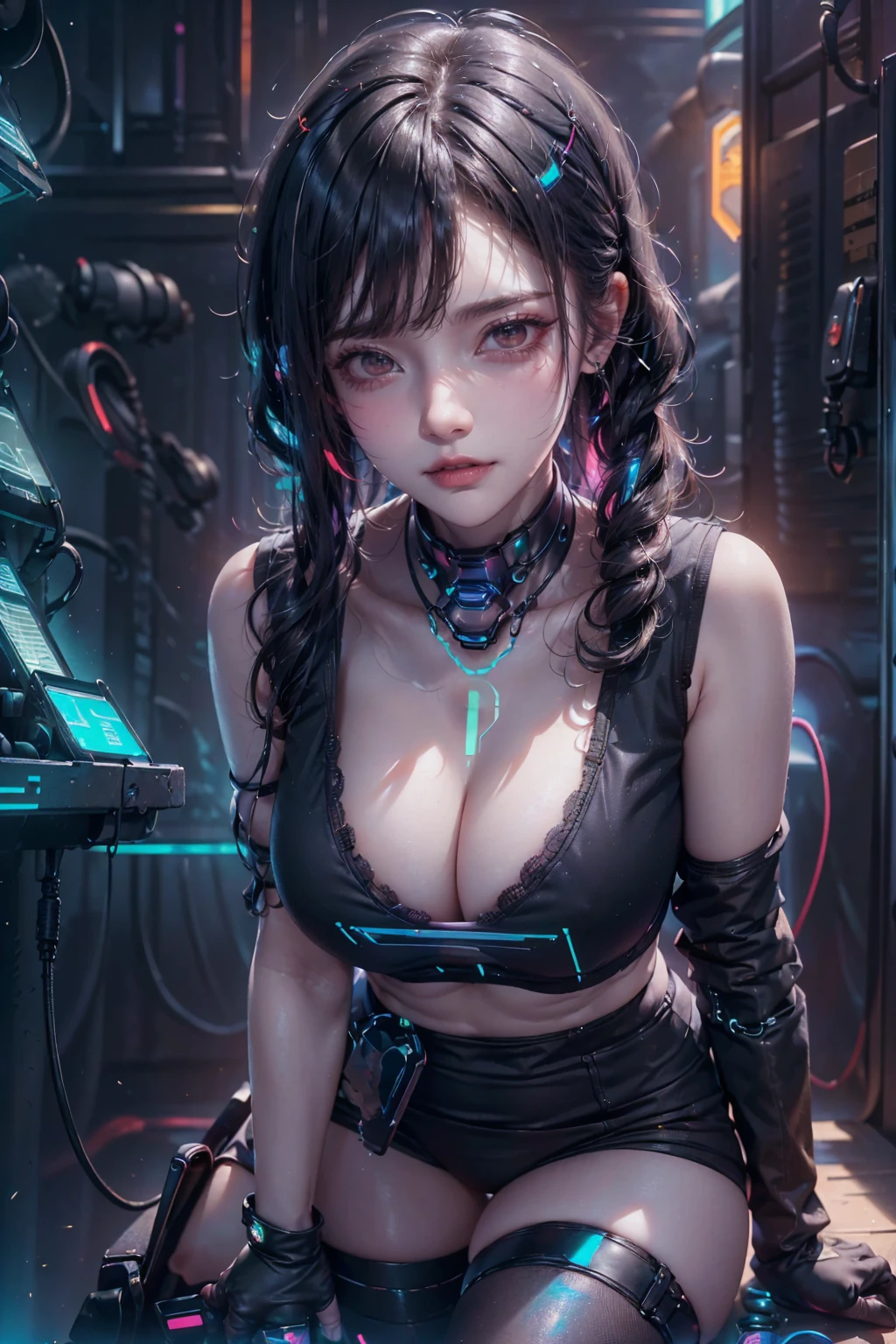 ((16K)),((masterpiece:1.3)), ((Highest quality)), ((Ultra-high resolution)), (Very detailed), (Realistic, photoRealistic:1.4), Perfect lighting,((Side light)), Written boundary depth, Surrealism,photo shoot, No makeup, Film Grain, chromatic aberration, Sharp focus, Face Light,((Beautiful detailsまでこだわった髪)),((Beautiful eyelashes)), Beautifully detailed face, Beautiful details, Beautiful clavicle, Beautiful body, Thin legs,Beautiful breasts, Beautiful legs, ((Detailed and carefully drawn hand)), Cleavage, Perfect Anatomy, Supermodel with a long neck,((Skinny1.3)),23 years old,Looking into the camera,(Perfect Anatomy,Anatomically correct, Very detailed肌), Glowing Skin,((pale skin)),((beautiful girl:1.1)),(( Large Breasts:1.4)),shiny hair,((Long Hair:1.4, Wavy Hair:1.2, Black Hair) ,((See-through bangs:1.2)),Dainty facial structure,((Serious expression:1.4)), ((tackling a complex security system:1.5)),Create a detailed image set in a cyberpunk night in Tokyo,((The scene is centered around a hidden server room on a skyscraper rooftop)), with the futuristic Tokyo cityscape glowing with neon lights in the background,In the foreground, (( She is holding hacking tools and is deeply focused on decrypting the complex security system's code:1.5)), ((Sit on a chair)),Holographic displays and glowing interfaces surround her, emphasizing the tension and concentration of the moment. Her expression is serious, possibly with a hint of sweat on her forehead. The background features neon-lit skyscrapers, hover cars flying in the sky, and flickering holographi((wearing Cyberpunk Gunfighter)), ((Futuristic Cyberpunk Outfit)), ((Don a futuristic ensemble with cyberpunk-inspired clothing,incorporating sleek lines and high-tech details)), Gloves with Built-in Tech, ((Enhance the look with gloves that feature built-in tech elements)), adding a sci-fi touch, Holographic Gun Holster,(( Carry a holographic gun holster for an avant-garde and visually striking appearance in a Hollywood-worthy action scene:1.2)),((A secret server room on the roof of a skyscraper:1.4)),((leaning on rail:1.2)),(her legs spread in M legs:1.2), ((spread legs:1.2)),((from side)), ((wide shot:1.4))