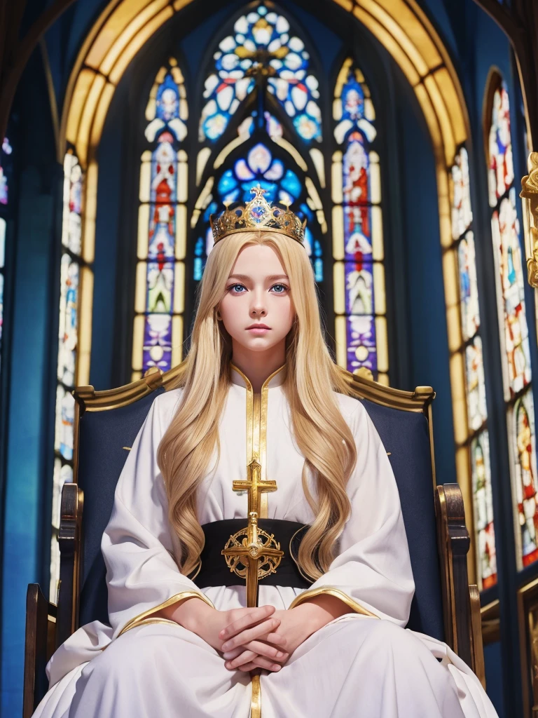 Anime illustration、A beautiful queen with long blonde hair and golden eyes wearing a white dress is sitting on the throne、A boy with blond mashed hair, blue eyes and black robes、Church with beautiful stained glass