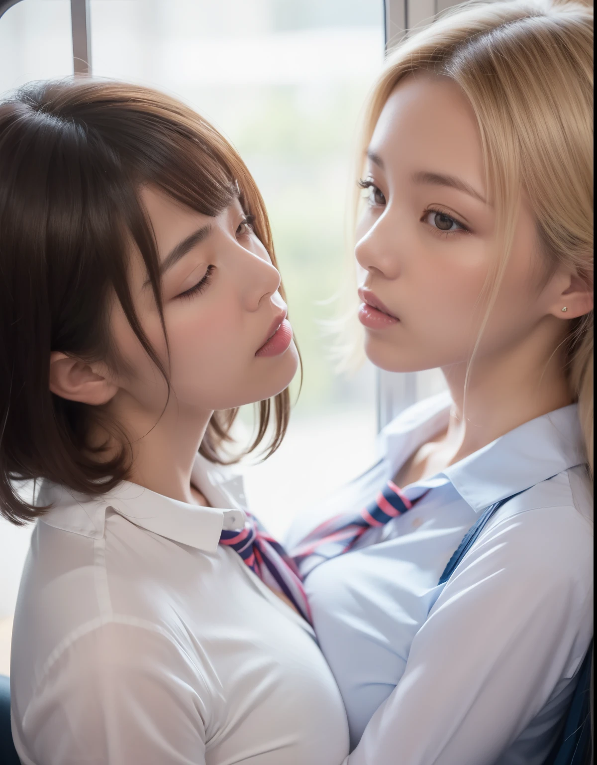 8k,masterpiece,Japanese,best quality, two (schoolgirls:1.1), (kiss:1.2), reluctantly, on crowded train, (breasts:1.3) , (shirt:1.4)