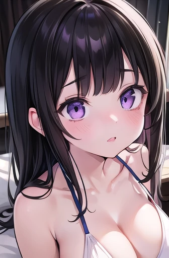 The best bed ever, Purple eyes, Long black hair, Natural Straight Hair, Straight bangs, Large Breasts, alone, ((Bikini Slip Pull)), ((Seaside)), ((Fascinating_face)), Very delicate, まっすぐなface立ち, A uniquely beautiful girl, soft, (Sensual), (cute), Dreamlike quality, Light white and dark brown, 誇張されたfaceの特徴, Solid Color, Frank Holly, delicate face, bright lips slightly open, Narrow waist, ((Narrow shoulders)), soft curves, True light and shadow, Super Fine, 4K, Natural movement, Ultra-high resolution, (masterpiece:1.2, Highest quality), (Beautiful, detailed eyes: 1.2), (beautiful detailed face)