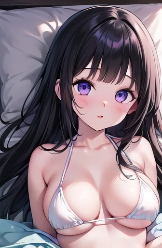 The best bed ever, Purple eyes, Long black hair, Natural Straight Hair, Straight bangs, Large Breasts, alone, ((Bikini Slip Pull)), ((Seaside)), ((Fascinating_face)), Very delicate, まっすぐなface立ち, A uniquely beautiful girl, soft, (Sensual), (cute), Dreamlike quality, Light white and dark brown, 誇張されたfaceの特徴, Solid Color, Frank Holly, delicate face, bright lips slightly open, Narrow waist, ((Narrow shoulders)), soft curves, True light and shadow, Super Fine, 4K, Natural movement, Ultra-high resolution, (masterpiece:1.2, Highest quality), (Beautiful, detailed eyes: 1.2), (beautiful detailed face)