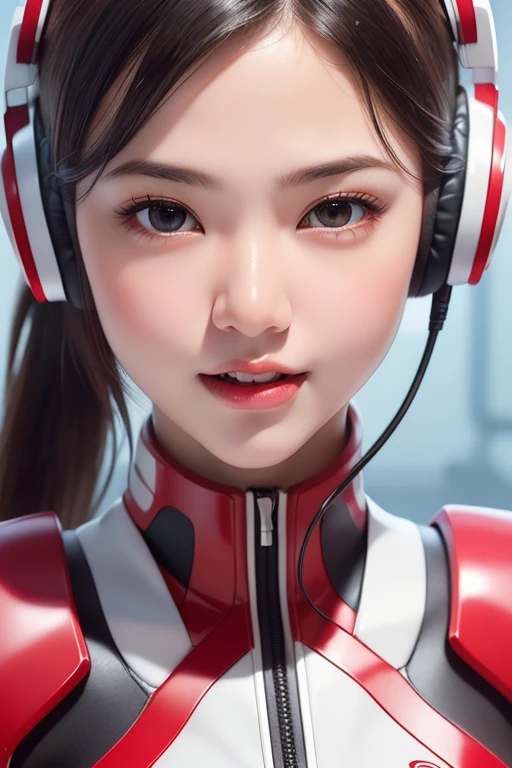 Top Quality, Masterpiece, Ultra High Resolution, (Photorealistic: 1.4), Raw Photo, 1 Girl, Black Hair, Glossy Skin, 1 Mechanical Girl, (((Ultra Realistic Details)), Portrait, Global Illumination, Shadows, Octane Rendering, 8K, Ultra Sharp, Intricate Ornaments Details, realistic skin, sweat effect, ((wearing Headphone)), very intricate detail, realistic light, CGSoation trend, brown eyes, glowing eyes, matte red and glossy white mechanical bodysuit, Long hair, black hair, Ponytail hair, Half body shot, spaceship bridge background, dynamic pose, cute smile, close up, Open Mouth, red collar, white suit