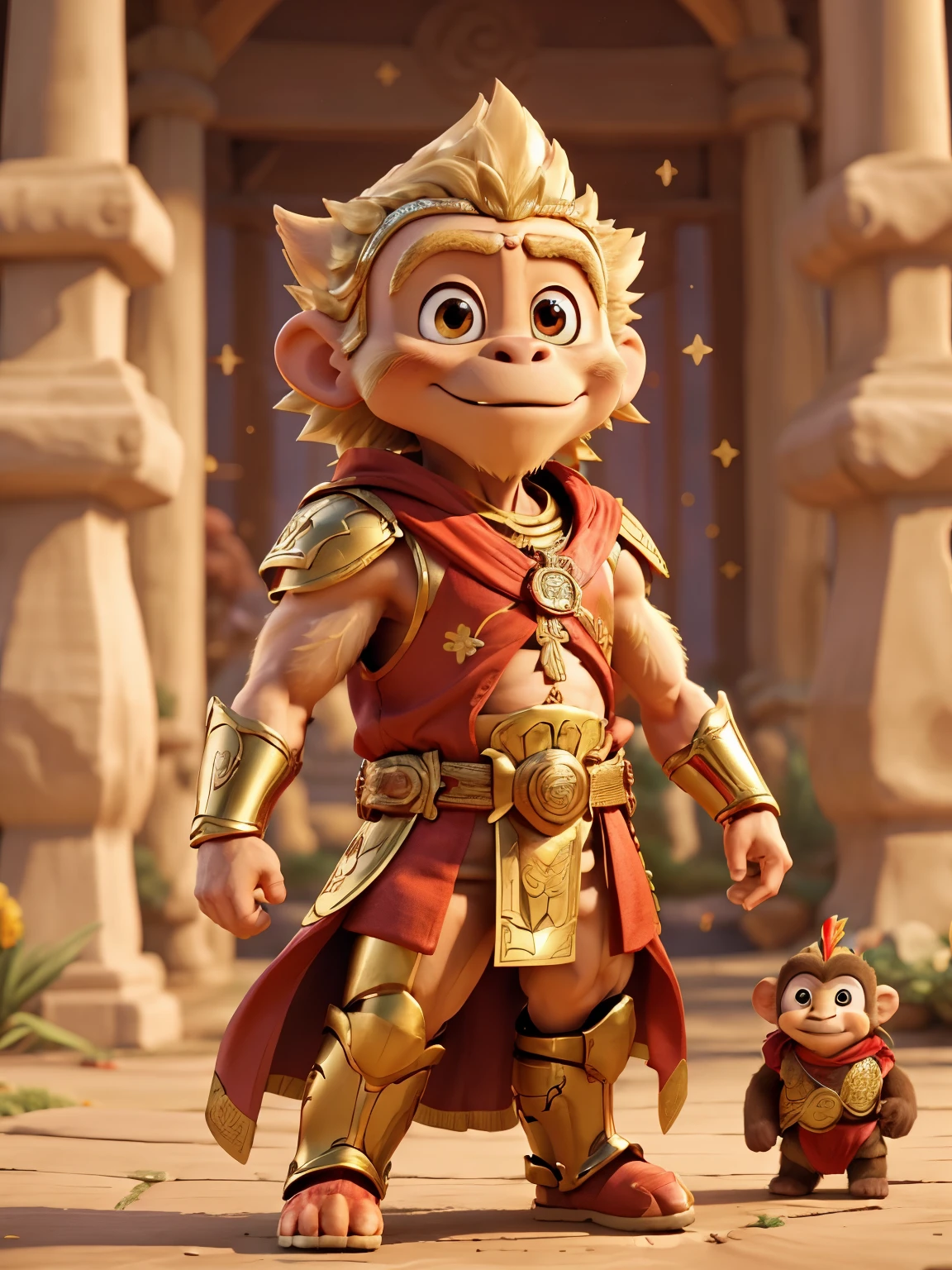 8k, RAW photos, Reality: 1.25), Simple background，Journey to the West，Sun Wukong(Simian，male)，Dressed in gold armor，Saiyan，The red cape behind，Eyes sparkling，Holding a golden patterned stick，Tall M majestic，Showing his courage and strength。(Ultimate graphics