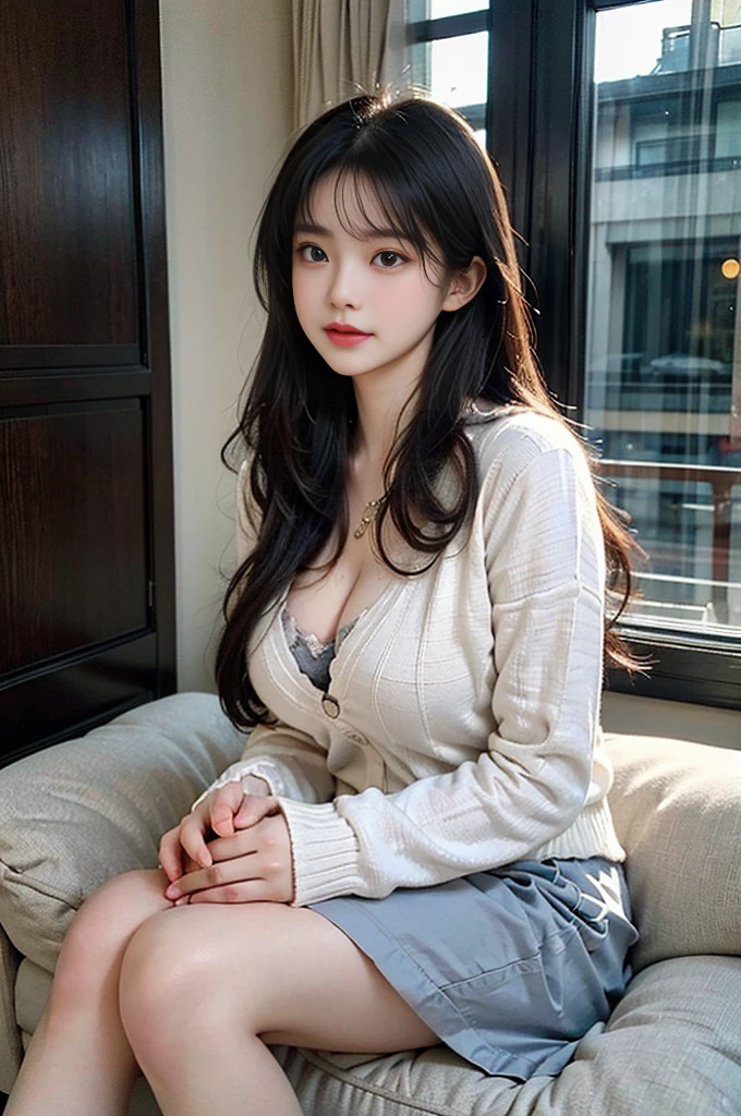 highest quality、8k、whole body、solo、Natural look、Brown long hair、bangs、Long sleeve mesh cardigan、camisole、hot pants、Very attractive、超A high resolution、Surreal、High definition、Golden Ratio、Golden Ratio、Golden Ratio、beauty、beauty、beauty、Shibuya City、night、Neon Light、Cute smile