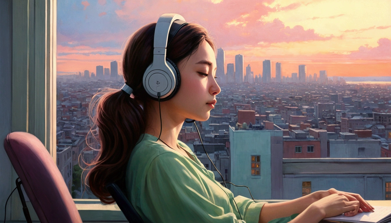 Portrait、512、Lo-Fi、Girl sitting on a chair wearing headphones、Take a nap at your desk、close your eyes、city view outside the window、evening、pastel colour、Painting