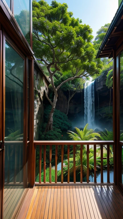 2-story house with a glass balcony in front of the house, there is a banyan tree and a waterfall in the back of the house.