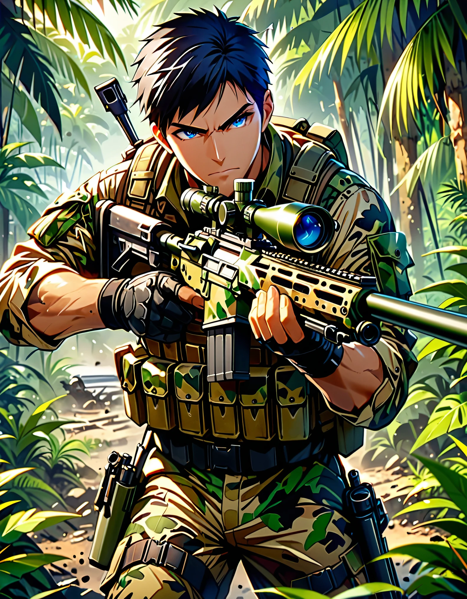 (masterpiece), (best quality), (highres), 1male, male focus, private military contractor, soldier, mercenary, jungle camouflage battle dress uniform, combat boots, (holding weapon, sniper rifle), intense look on his face, black hair, short hair, blue eyes, assault vest, jungle backdrop, gritty war setting, Cowboy Shot. Solo, Solo focus.