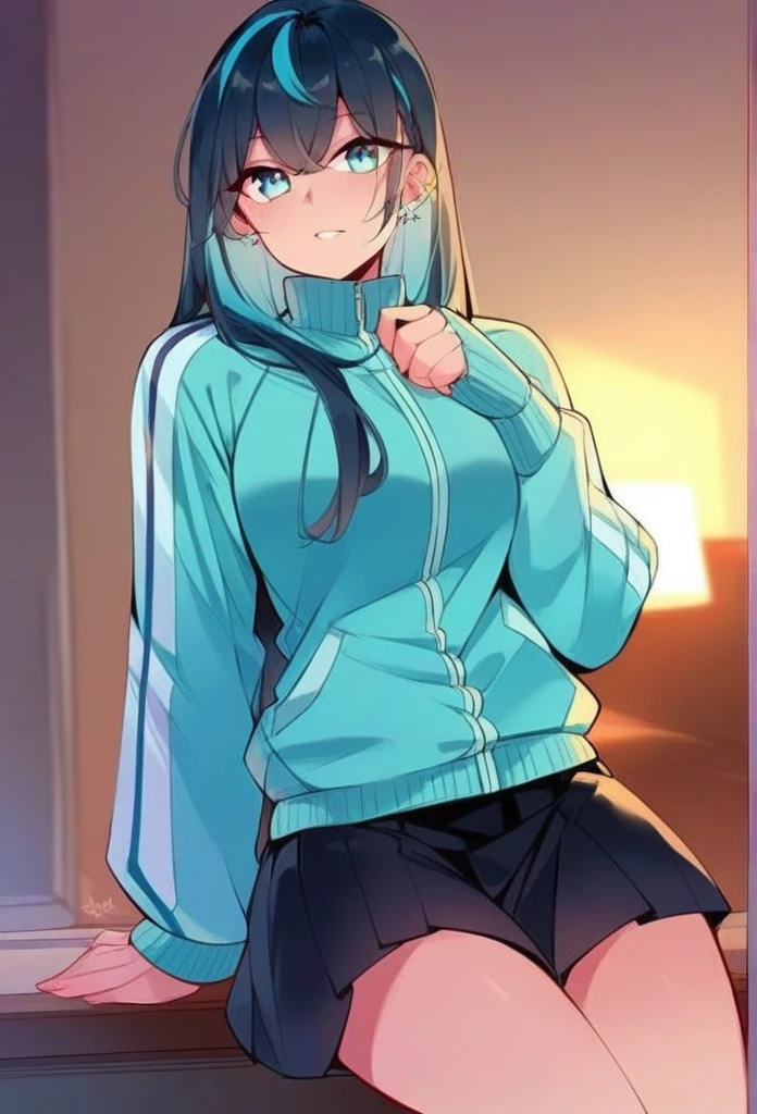 juder_style, score_9, score_8_up, score_7_up, score_6_up, score_5_up, score_4_up, hd, (ultra hd quality details), 8K, 1girl, long hair, Hourglass body, light blue eyes, dark indigo hair, 2d illustration, cyan varsity jacket, black skirt