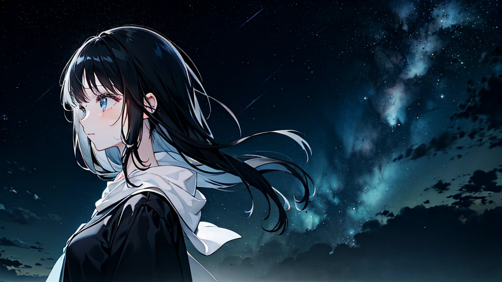 Night Sky、tears、Black-haired woman
