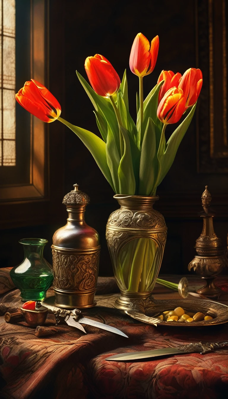a Renaissance period scene, a table with tulips, a dagger, and a small bottle of poison, intricate details, high resolution, photorealistic, dramatic lighting, moody atmosphere, warm color palette, oil painting