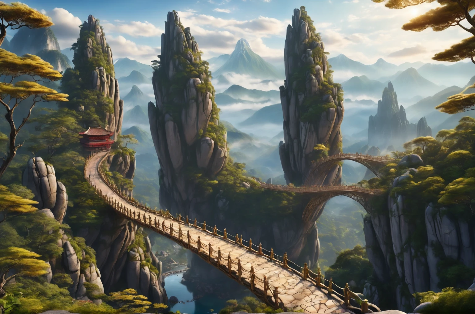 The bridge is supported by two large, stone hands, surrounding landscape, mountainous and lush,unique design,featuring two giant stone hands that appear to support the structure. offering stunning views and a memorable experience for visitors,The image shows a panoramic view of the bridge, raffes on a bridge with no people walking on it, far view, sky bridge, soaring towers and bridges, giant sculpture, sculpture made of gold, many fingers, viewed from above, artist unknown, wonderful masterpiece, view from above, masterpiece work of art, above view, far - view, five fingers