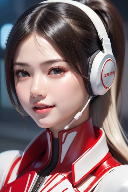 Top Quality, Masterpiece, Ultra High Resolution, (Photorealistic: 1.4), Raw Photo, 1 Girl, Black Hair, Glossy Skin, 1 Mechanical Girl, (((Ultra Realistic Details)), Portrait, Global Illumination, Shadows, Octane Rendering, 8K, Ultra Sharp, Intricate Ornaments Details, realistic skin, sweat effect, ((wearing Headphone)), very intricate detail, realistic light, CGSoation trend, brown eyes, glowing eyes, matte red and glossy white mechanical bodysuit, Long hair, black hair, Ponytail hair, Half body shot, spaceship bridge background, dynamic pose, cute smile, close up, Open Mouth, red collar, white suit