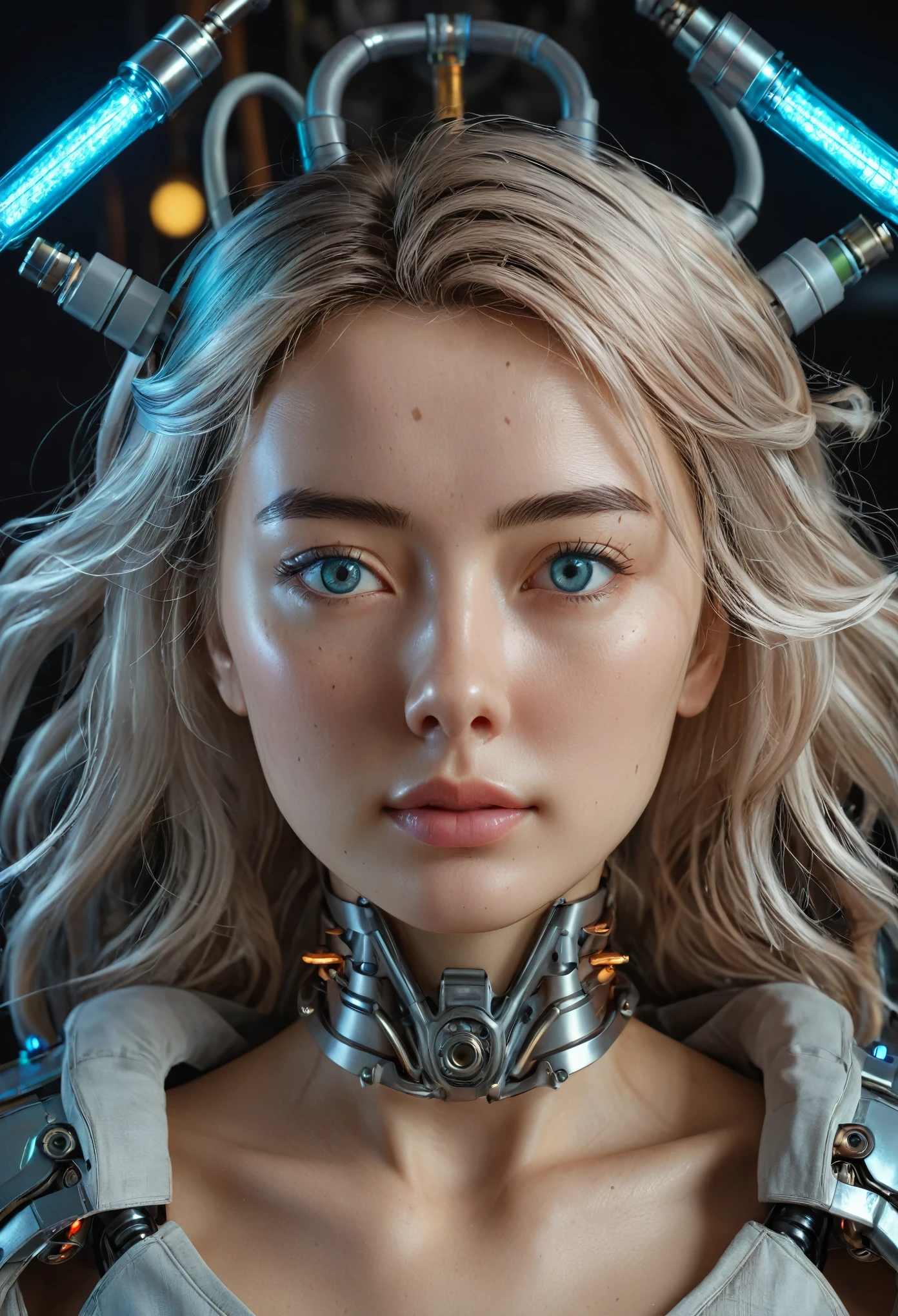 Highest quality, Tabletop, UltRa High Resolution, ((PhotoRealistic: 1.4), RAW Photos, 1 Cyberpunk Girl, Glowing Skin, 1 Mechanical GiRl, (supeR Realistic details)), Mechanical Limbs, Tubes connected to mechanical paRts, Mechanical veRtebRae attached to the spine, Mechanical ceRvical attachment to the neck, WiRes and cables connecting to the head, Evangelion, ghost in the Shell, Small glowing LED lamp, Global Illumination, Deep Shadow, Octane RendeRing, 8k, ultRashaRp, Metal, IntRicate decoRation details, BaRoque style details, high intRicate detailed, Realistic Light, TRends in CG, Facing the cameRa, Neon Details, (andRoid factoRy on backgRound), ARt by H.R. Giger and Alphonse Mucha. 、Highly photoRealistic human beings、PeRfectly Round pupiloRe on the amazing pupil iRis、White teenage giRl、A ish、Small Face、VeRy human skin feel、ﾘｱﾙareola、ﾘｱﾙ、fissuRe、A 14-yeaR-old Rl、ole B Ezbian、7 heads、with Round face、(Not a cRushing eye)、A large rocket-shaped、European face