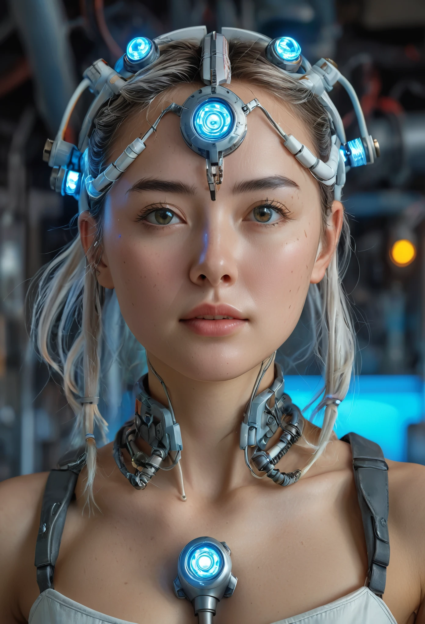 Highest quality, Tabletop, UltRa High Resolution, ((PhotoRealistic: 1.4), RAW Photos, 1 Cyberpunk Girl, Glowing Skin, 1 Mechanical GiRl, (supeR Realistic details)), Mechanical Limbs, Tubes connected to mechanical paRts, Mechanical veRtebRae attached to the spine, Mechanical ceRvical attachment to the neck, WiRes and cables connecting to the head, Evangelion, ghost in the Shell, Small glowing LED lamp, Global Illumination, Deep Shadow, Octane RendeRing, 8k, ultRashaRp, Metal, IntRicate decoRation details, BaRoque style details, high intRicate detailed, Realistic Light, TRends in CG, Facing the cameRa, Neon Details, (andRoid factoRy on backgRound), ARt by H.R. Giger and Alphonse Mucha. 、Highly photoRealistic human beings、PeRfectly Round pupiloRe on the amazing pupil iRis、White teenage giRl、A little childish、Small Face、VeRy human skin feel、ﾘｱﾙareola、ﾘｱﾙ、fissuRe、A ****************、Whole Body Ezbian、7 heads、with Round face、(Not a cRushing eye)、A large rocket-shaped、European face