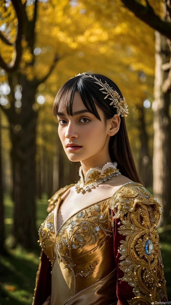 Surbhi Jyoti , a masterpiece ultrarealistic ultradetailed portrait of a beautiful girl in incredible goledn armor. baroque renaissance. in forest. medium shot, intricate, elegant, highly detailed. trending on artstation, digital art, by stanley artgerm lau, wlop, rossdraws, james jean, andrei riabovitchev, marc simonetti, yoshitaka amano. background by james jean and gustav klimt, light by julie bell, 4 k, porcelain skin.