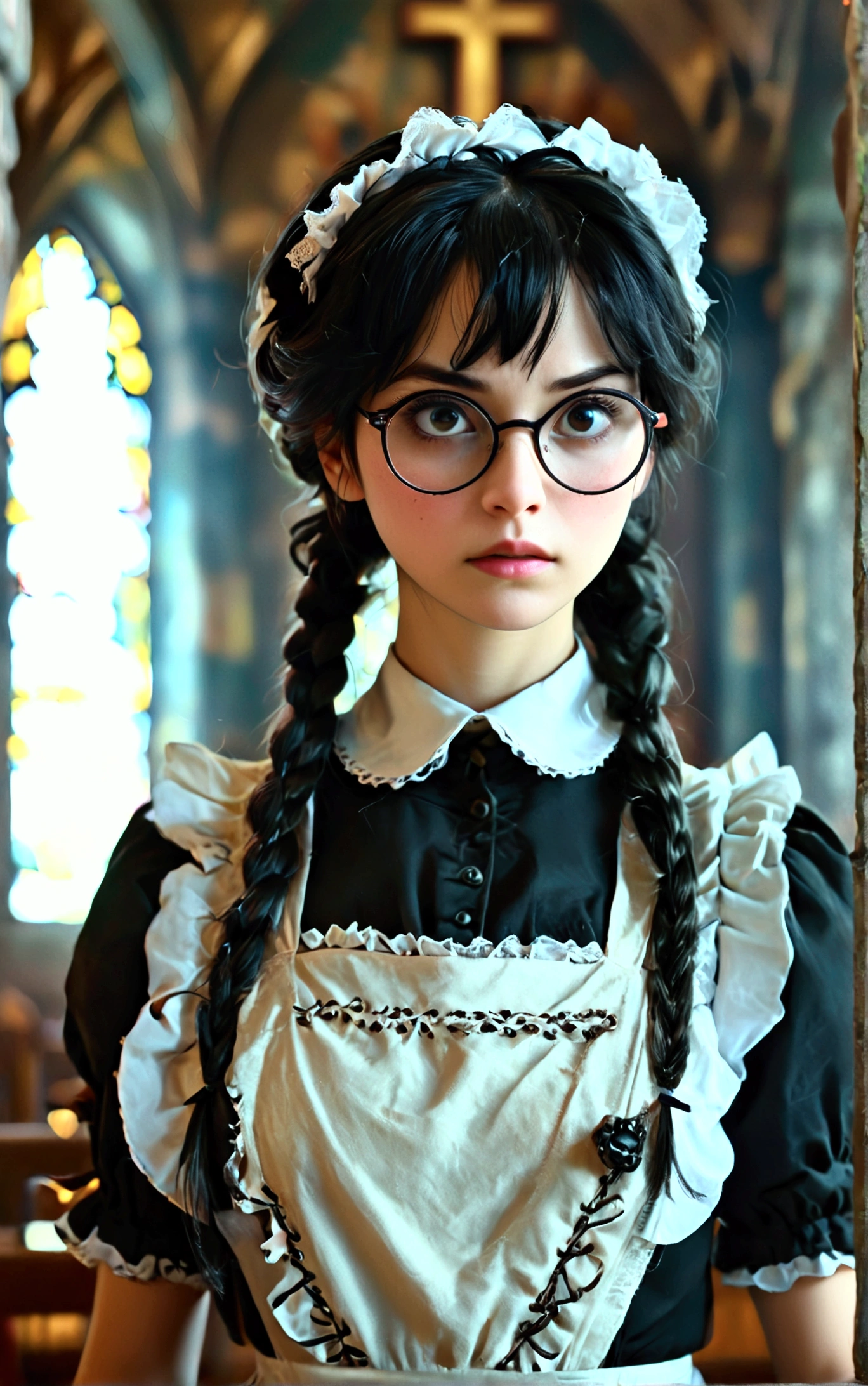 Zoom Angle、４ｋ、Super Resolution、Background of a church interior with beautiful stand glass、Very realistic live action、A woman in a maid outfit、Bizarre look、Wearing round glasses、Very narrow eyes and poor eyesight、Holding a handgun in both hands、Black Hair、Her hair is very long and braided in twin tails.