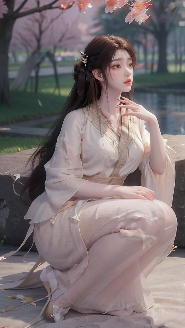 dress, ((knee shot)), fashi-girl, red lips, mature female, makeup, photorealestic、real photograph、((realisticlying:1.5))、There are white butterfly orchids around the hair，Lilac dendrobium、white lilies、1 girl in、Brown hair、floated hair、Hazy beauty、A plump chest, Nice, cleavage, slender leg, Seductive legs, posing elegantly, Have extremely beautiful facial features、Hairpin on the head、perfect hand、(springtime、raining day、butterflys、precipice)、 vectorial art、Chinese contemporary art、Soft lighting、looking-down