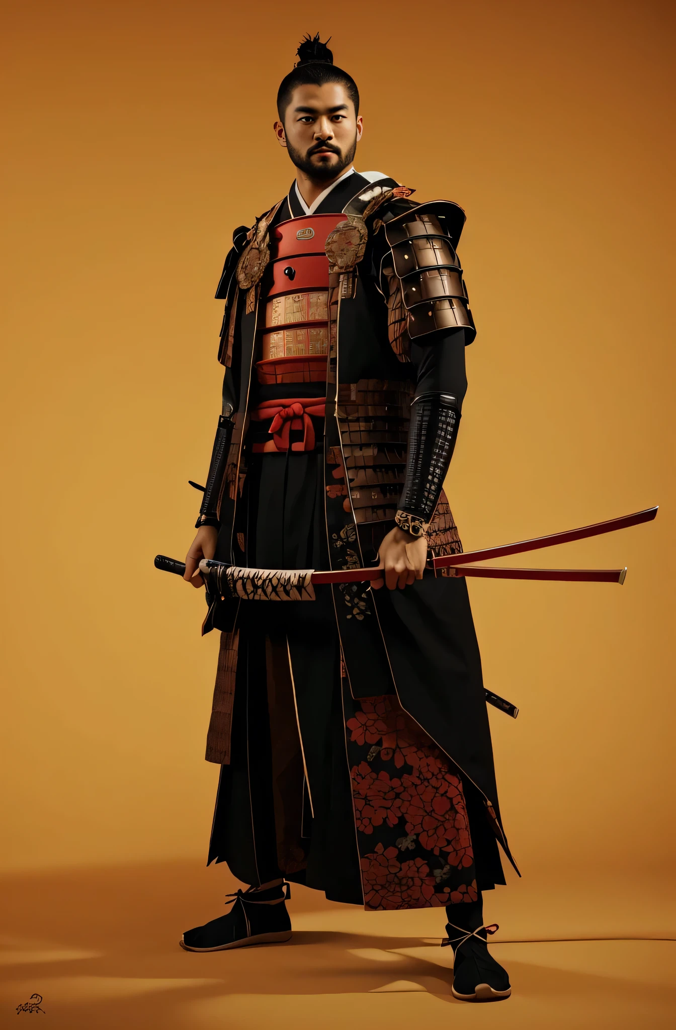 Japanese samurai, Japanese man, Japanese armor, katana, black hair, athletic build, Realism, UHD, retina, masterpiece, accurate, anatomically correct, textured skin, super detail, high details, high quality, award winning, best quality, highres