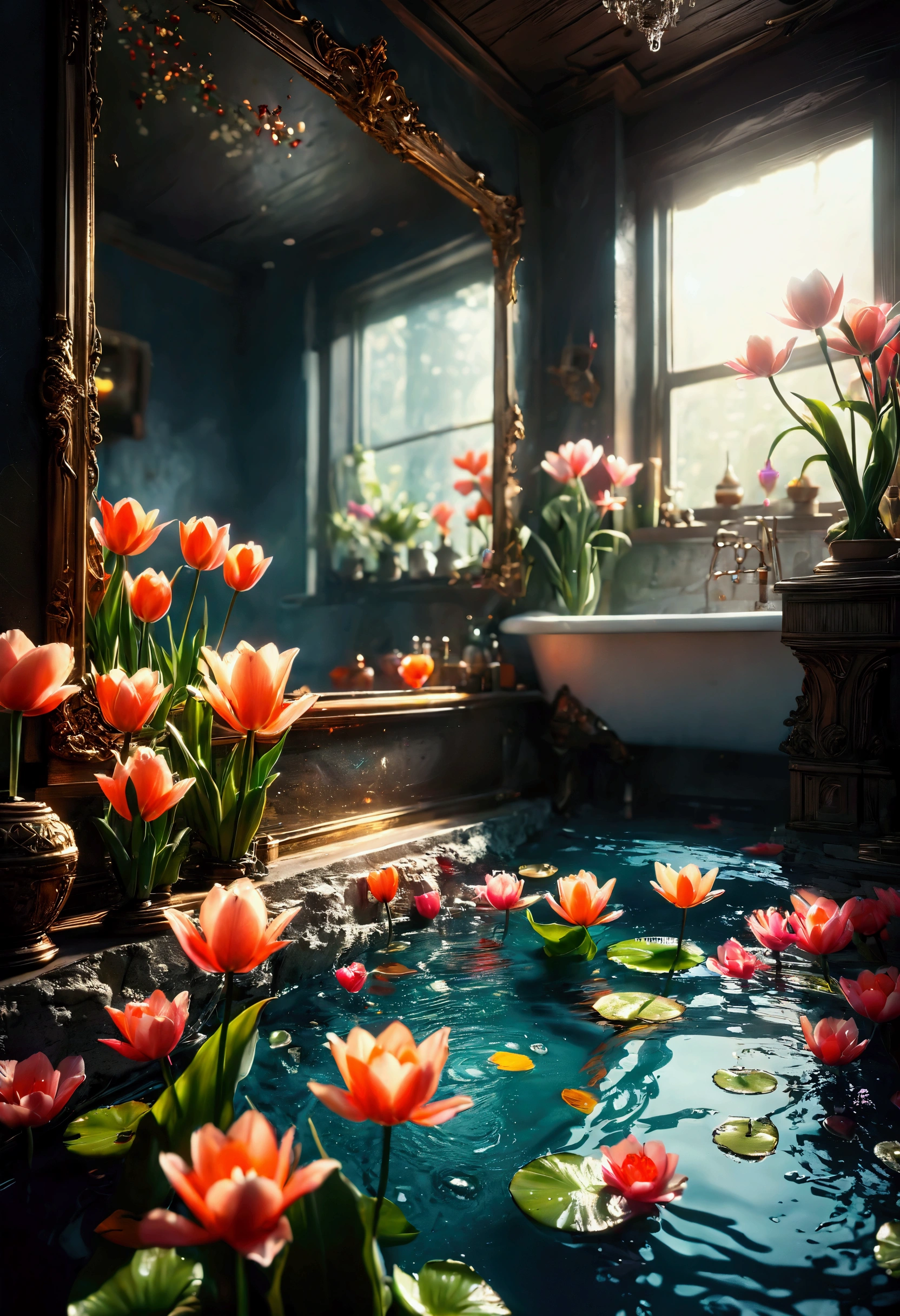((Masterpiece in maximum 16K resolution):1.6),((soft_color_photograpy:)1.5), ((Ultra-Detailed):1.4),((Movie-like still images and dynamic angles):1.3). | (Macro shot cinematic photo of beautiful female in a pond full of tulip), (Beautiful Female), (a pond full of tulip), (focus on the pond full of tulip), (macro lens), (exotic antiques), (glowing tulips), (luminous object), (Mysterious atmosphere), (shimmer), (aesthetic bath room accesories), (visual experience),(Realism), (Realistic),award-winning graphics, dark shot, film grain, extremely detailed, Digital Art, rtx, Unreal Engine, scene concept anti glare effect, All captured with sharp focus. | Rendered in ultra-high definition with UHD and retina quality, this masterpiece ensures anatomical correctness and textured skin with super detail. With a focus on high quality and accuracy, this award-winning portrayal captures every nuance in stunning 16k resolution, immersing viewers in its lifelike depiction. | ((perfect_composition, perfect_design, perfect_layout, perfect_detail, ultra_detailed)), ((enhance_all, fix_everything)), More Detail, Enhance.
