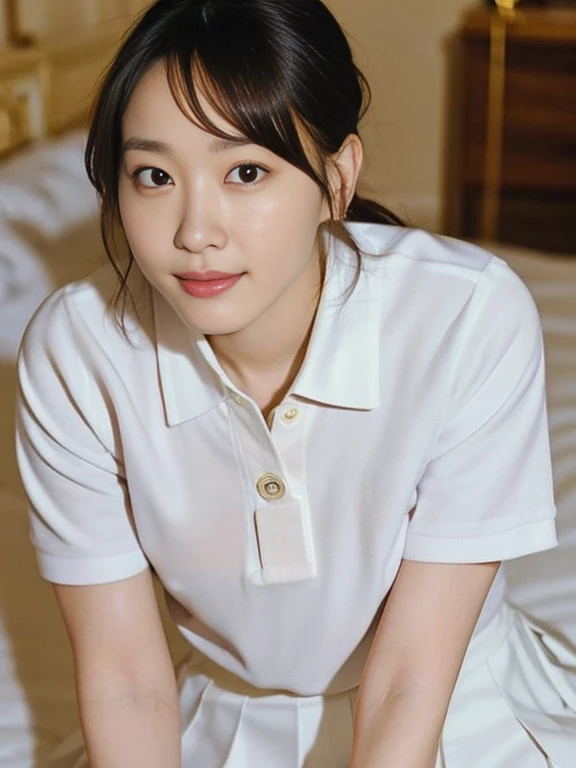 (Masterpiece, Best quality: 1.4), (Ultra realistic, Photo-realistic: 1.2), From above, From side, Sitting, Looking at viewer, Natural light, 28 years old actress, Japanese women, Neat and clean, ((Wearing white tennis uniform, White short-sleeve polo shirt, Not buttoning the polo shirt, White pleated tennis skirt: 1.3)), Wearing white sock, (Ponytail hairstyle: 1.2), (Beautiful face), Oval face, clear, Beautiful eyes, Kind eyes, Clear skin, Small face, Beautiful mouth, Small mouth, Natural makeup, Approachable, Seductive smile, (Seductive pose: 1.5), (Beautiful thighs: 1.2), (Bedroom eyes: 1.1), Embarrassed, Blush, Luxury hotel Suite room, On bed,
