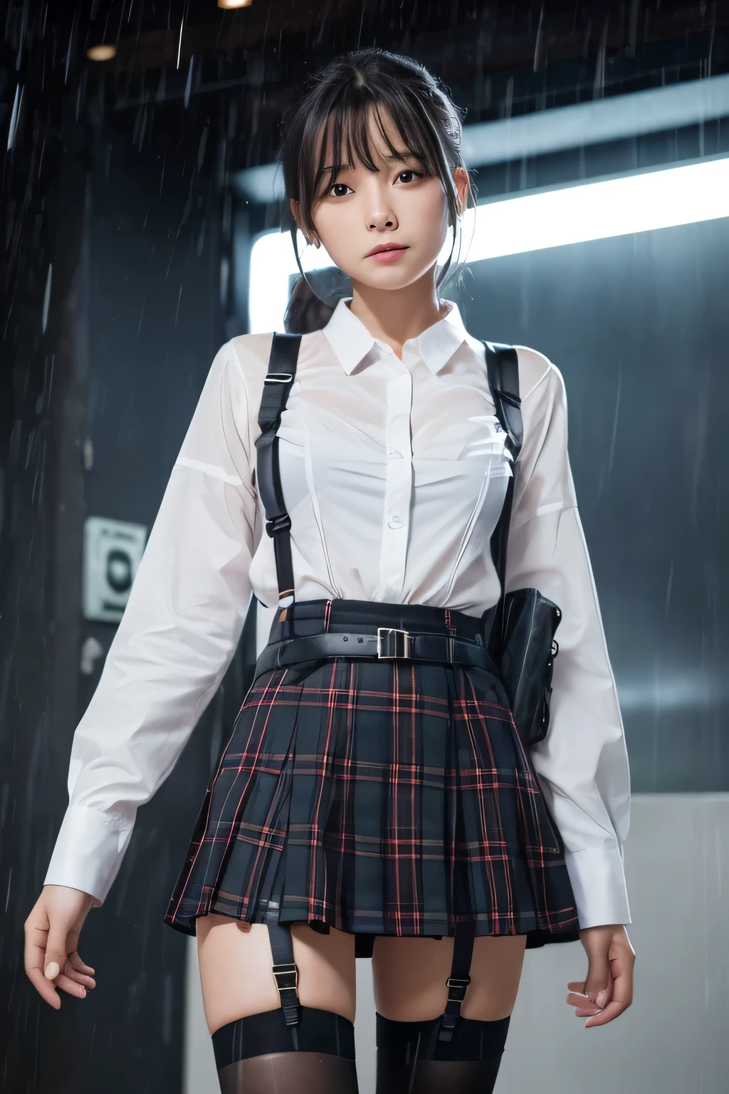 1 female, , high quality, masterpiece, Ultra-high resolution, Cinema Lighting, 1 female, , high quality, masterpiece, Ultra-high resolution, , Cinema Lighting, suspenders Moderate breasts Small face Looking up Sweat Thin belt buzzer 脇Sweat Garter belt Belt on pants holster Hands behind your back Looking up Anxious face Knee-high Knee socks Knee-highソックス garter ふとももにGarter belt Checkered mini skirt Panty shot Skirt gap Armament holster holster Hands behind your back Anxious expression Anxious face, legs apart Armament Leg holster holster See-through clothing heavy rain Rain-soaked dress shirt,