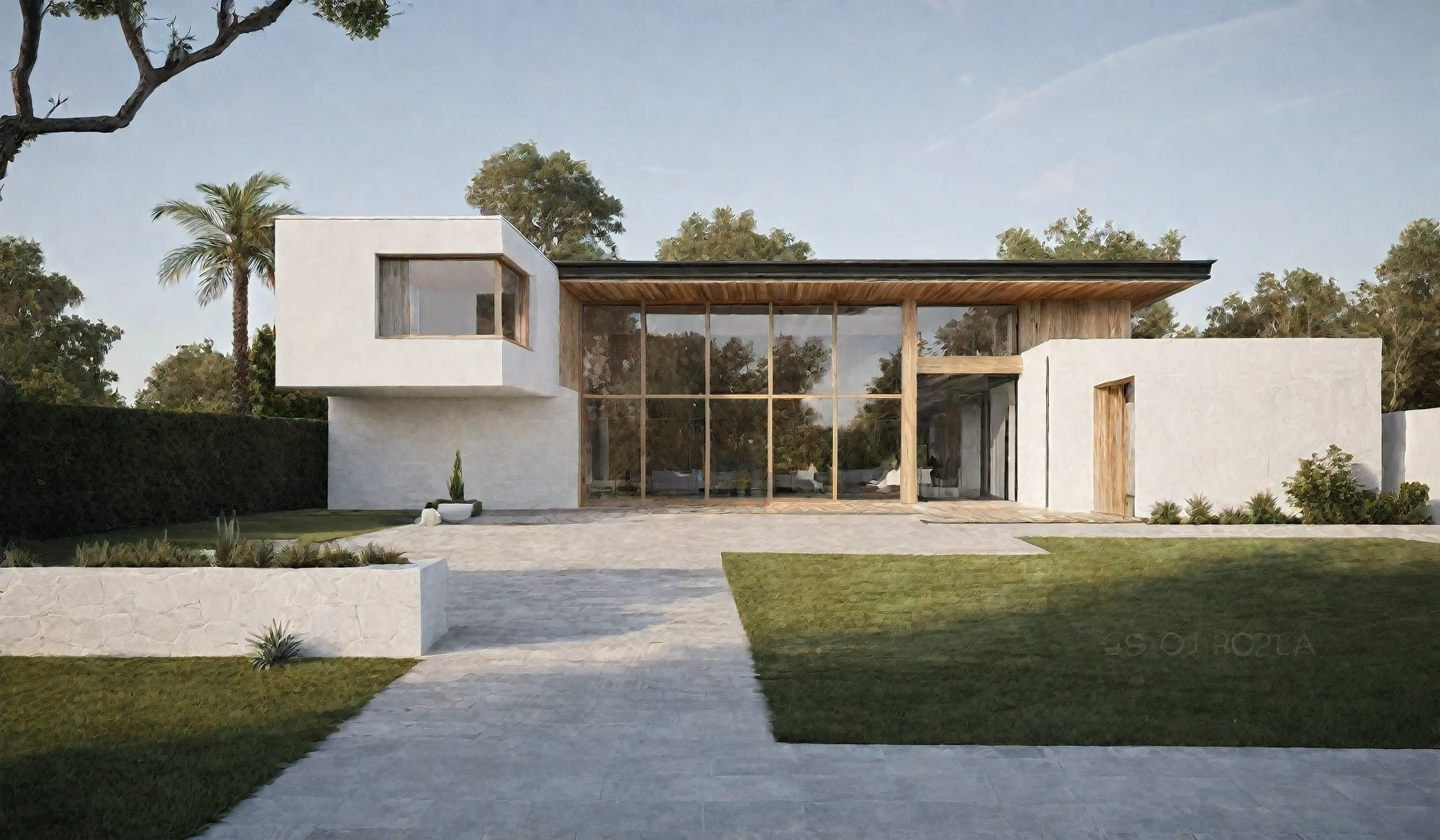 exterior of the house, Style contemporain, white wall, Wooden wall, porte en bois, window, (realistic:1.2), head of'ouvrages d'art, high quality, best quality, authentique, Great detail, En plein air,itinerary,pavement, grass, trees, sky, nuvens, (day light:1.1)