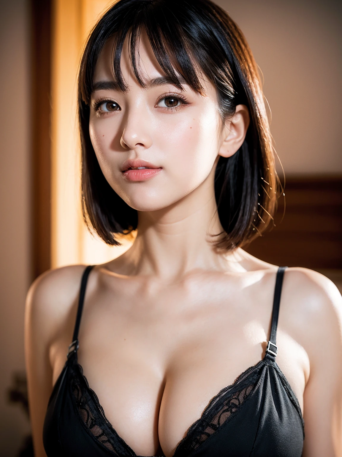 (8k, RAW Photo, Best Quality, Masterpiece:1.2), Ultra Detail, Super Resolution, (Realistic, Realistic Photo:1.37), Portrait, High Detail RAW Color Photo, Professional Photo, Extremely Detailed and Beautiful, Extremely detailed, 8k wallpaper, amazing and detailed, huge file size, official art, highly detailed CG unity 8k wallpaper, highly detailed beautiful girl, highly detailed face, highly detailed eyes, highly detailed skin, highly detailed fingers, highly detailed nose, very detailed detailed mouth , perfect anatomy, highly detailed background, highly detailed clothes, 1girl, ,,cute girl, realistic body, fair skin, glowing skin , slim body, handsome body, black hair , short hair, (blunt bangs:1.2), smile, cute, youthful, cute face, realistic face, delicate eyes, drooping eyes, cute lingerie, see-through, looking at viewer, facing front, standing posture, Contraposto, dynamic lighting, very large breasts, ((face closeup)), (large chest), (Perfect Body Proportions), (slender Body Proportions), (bedroom), super sexy pose,