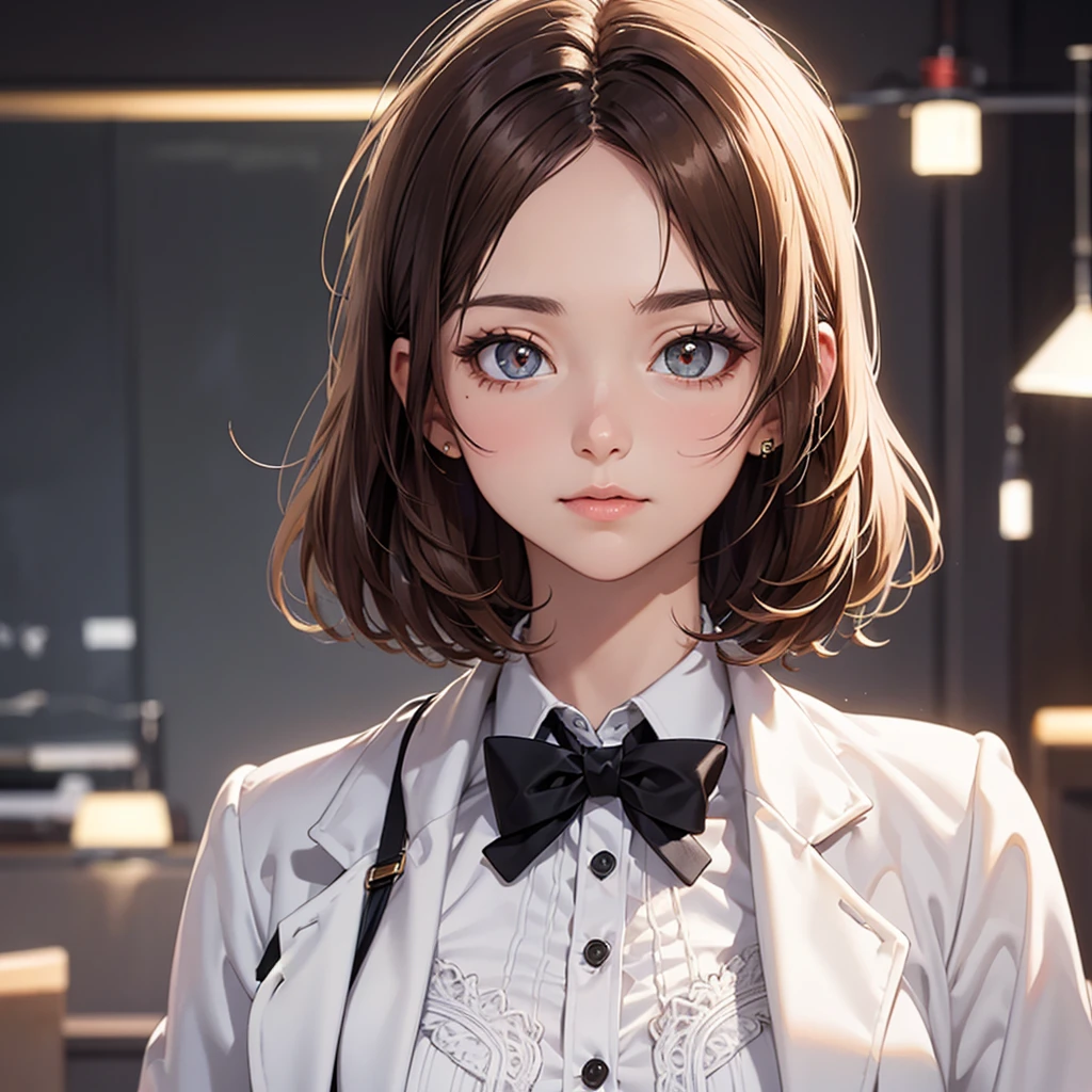 CG, Unity, 8k, wallpaper, Highest quality, masterpiece, Lovely lady, 18-year-old, Brown hair short cut, White skin, Best lighting, Complex pupil, Intricate weaving,((professor:1.2)),Wearing a white coat,harf body,professor