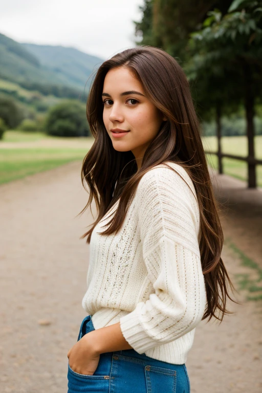 A young woman of Latin origin, long brown hair, who walks