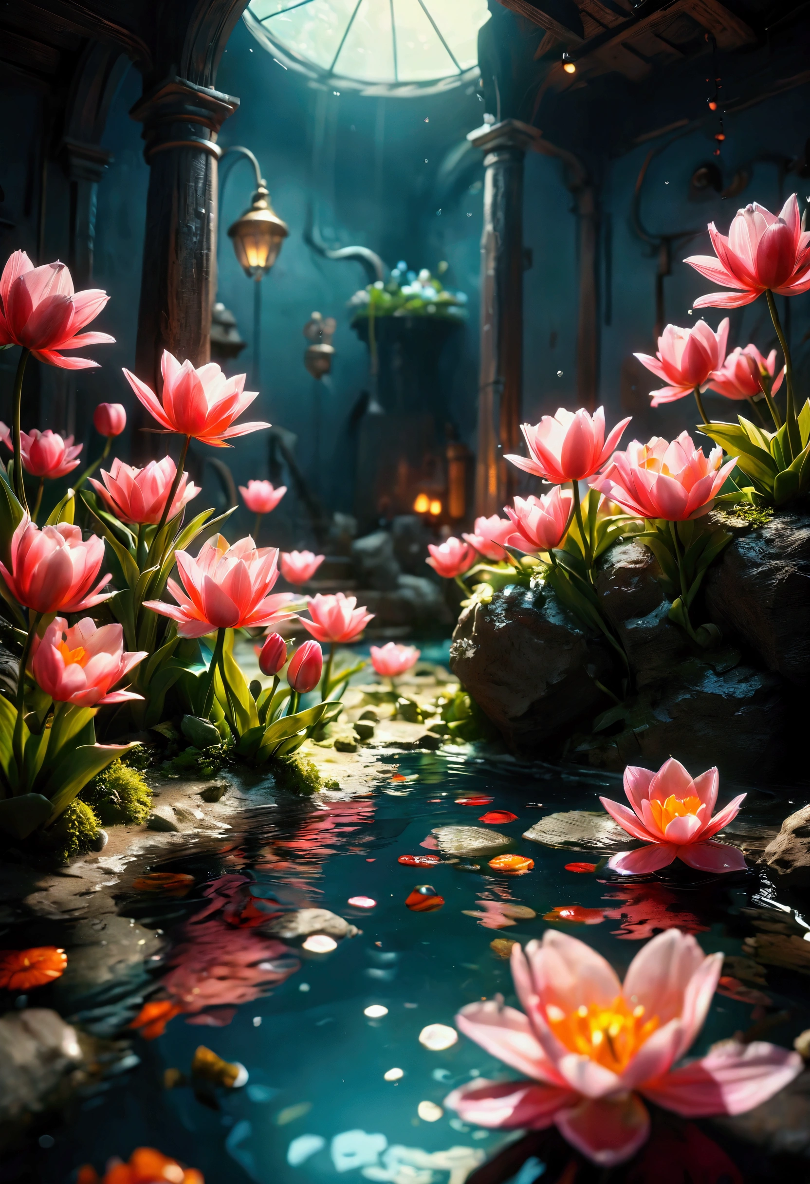 ((Masterpiece in maximum 16K resolution):1.6),((soft_color_photograpy:)1.5), ((Ultra-Detailed):1.4),((Movie-like still images and dynamic angles):1.3). | (Macro shot cinematic photo of beautiful female in a pond full of tulip), (Beautiful Female), (a pond full of tulip), (focus on the pond full of tulip), (macro lens), (exotic antiques), (glowing tulips), (luminous object), (Mysterious atmosphere), (shimmer), (aesthetic bath room accesories), (visual experience),(Realism), (Realistic),award-winning graphics, dark shot, film grain, extremely detailed, Digital Art, rtx, Unreal Engine, scene concept anti glare effect, All captured with sharp focus. | Rendered in ultra-high definition with UHD and retina quality, this masterpiece ensures anatomical correctness and textured skin with super detail. With a focus on high quality and accuracy, this award-winning portrayal captures every nuance in stunning 16k resolution, immersing viewers in its lifelike depiction. | ((perfect_composition, perfect_design, perfect_layout, perfect_detail, ultra_detailed)), ((enhance_all, fix_everything)), More Detail, Enhance.