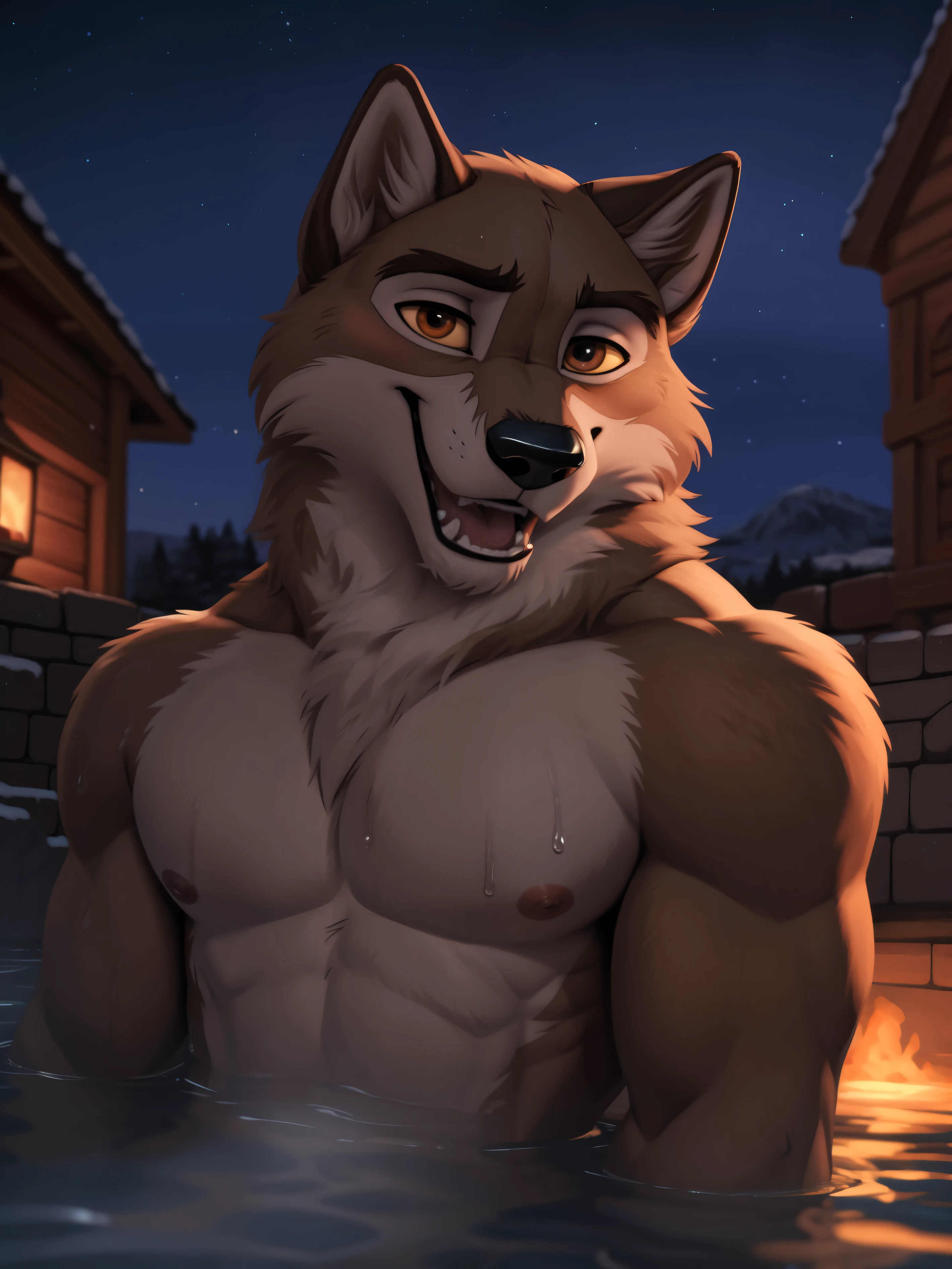 baltowd), (balto), wolfdog, ((sexy expression)), baring teeth, panting, blush, realistic, anthropomorphic, muscular, furry tail shown, (by personalami:0.5), zaush, (soft shading), 4k, hi res, 8k, detailed eyes, 8k eyes, eyes focus, orangish-brown eyes, yellow sclera, ((bedroom eyes expression face)), handsome, sweating, realistic, night, thermal baths background, seduce, detailed_background, full view, view, ((fully body shown)), baltowd