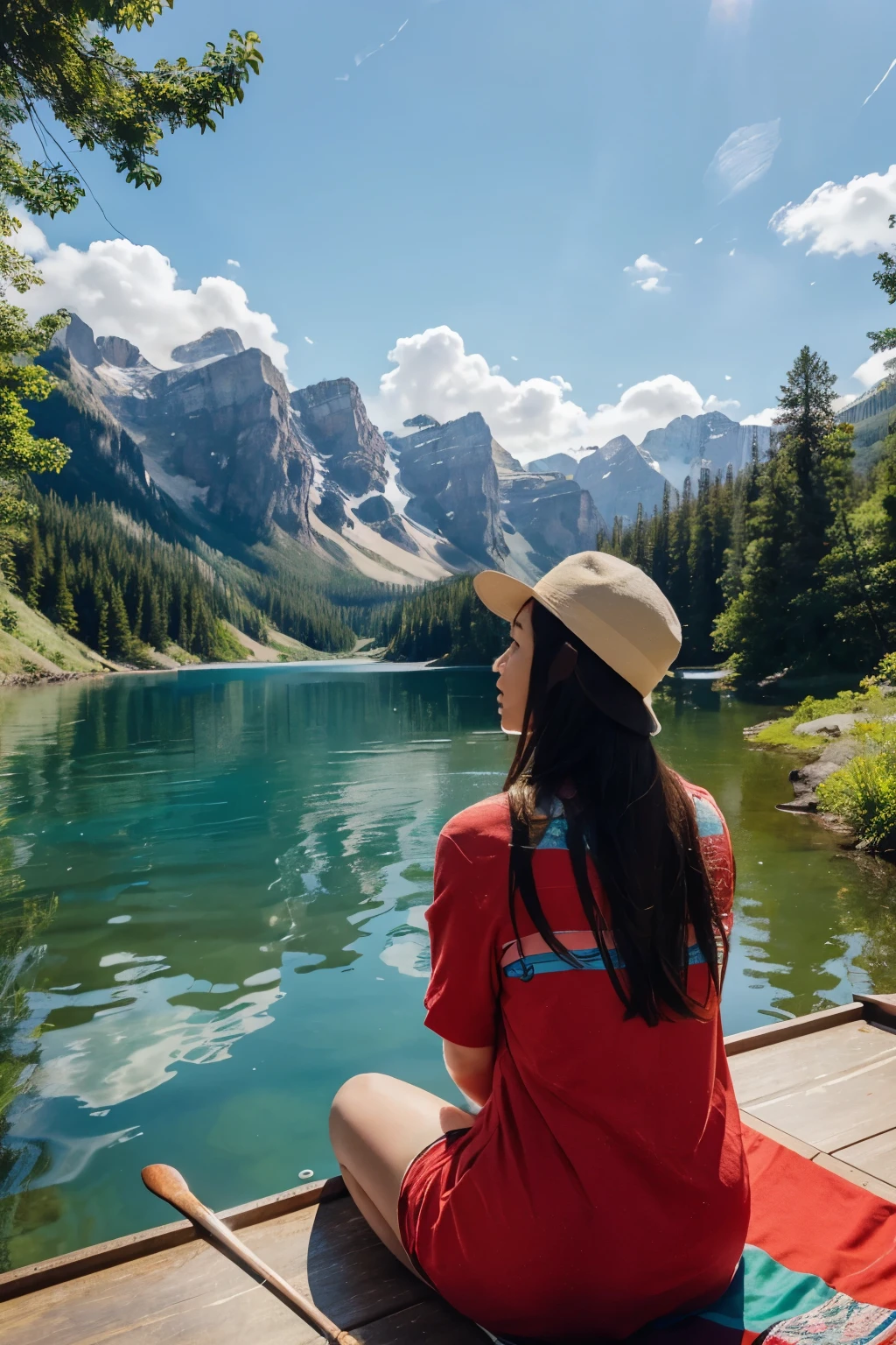 A woman is sitting in a boat, rowing on a clear blue lake. She is wearing a red and black striped shirt, a hat, and sitting on a colorful patterned blanket. In front of her is a high mountain range with dense green trees on the slopes and cliffs above, resembling Lake Louise in Alberta, Canada. The sky is clear blue with a few white clouds. This scene creates a peaceful and beautiful natural setting. The perspective is from behind the woman, giving a sense of tranquility and majestic nature. The style is anime, bright, with clear and detailed lines, and strong contrasts.