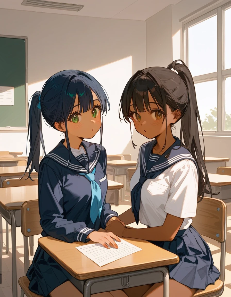 Duo, score_9,score_8_up,score_7_up, source_cartoon, source_anime, 2 woman, a tall thick dark skin woman with black hair in a ponytail and green eyes, and a tall thick light skin woman with long dark blue hair and brown eyes, nsfw, both women are wearing school uniforms, both woman are sitting in desks