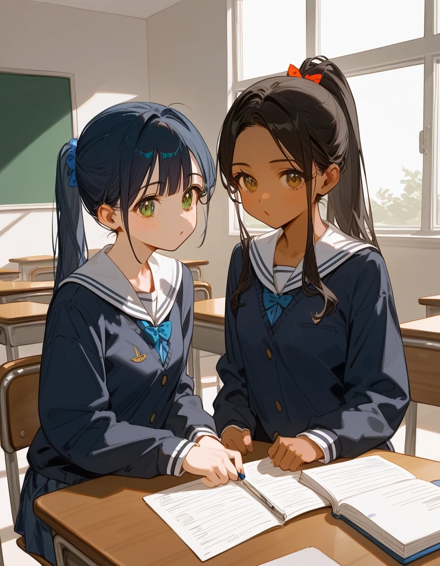 Duo, score_9,score_8_up,score_7_up, source_cartoon, source_anime, 2 woman, a tall thick dark skin woman with black hair in a ponytail and green eyes, and a tall thick light skin woman with long dark blue hair and brown eyes, nsfw, both women are wearing school uniforms, both woman are sitting in desks