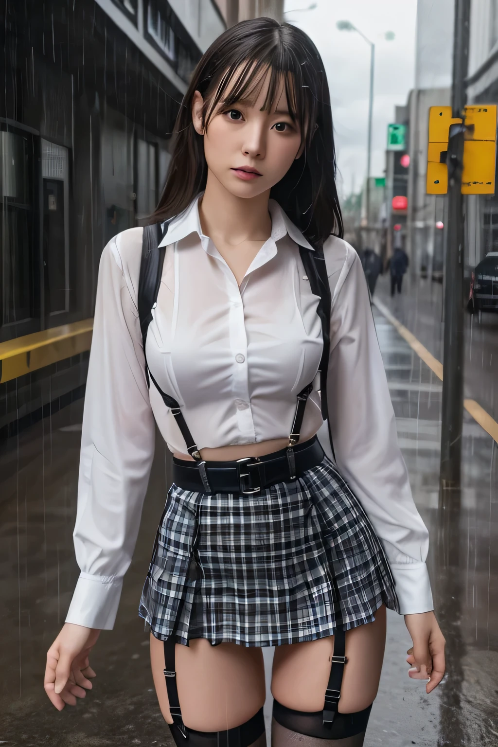 1 female, , high quality, masterpiece, Ultra-high resolution, Cinema Lighting, 1 female, , high quality, masterpiece, Ultra-high resolution, , Cinema Lighting, suspenders Moderate breasts Small face Looking up Sweat Thin belt buzzer 脇Sweat Garter belt Belt on pants holster Hands behind your back Looking up Anxious face Knee-high Knee socks Knee-highソックス garter ふとももにGarter belt Checkered mini skirt Panty shot Skirt gap Armament holster holster Hands behind your back Anxious expression Anxious face, legs apart Armament Leg holster holster See-through clothing heavy rain Rain-soaked dress shirt,