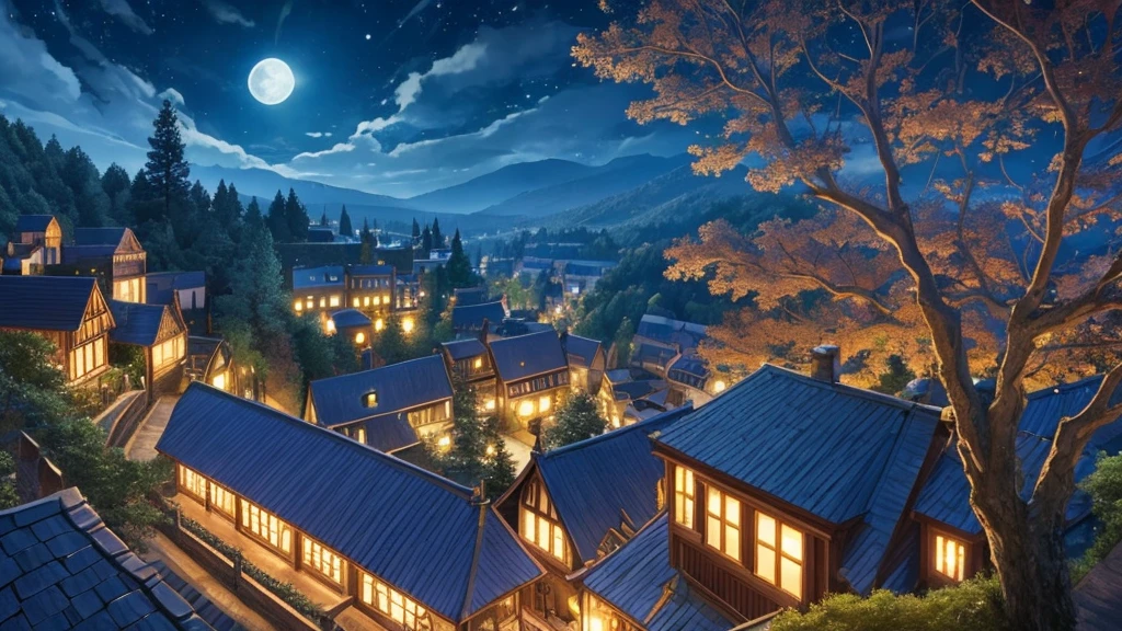 (((From diagonally left behind))), solo, Anime Elf girl playing flute while sitting gracefully on a tree branch ,magical atmosphere, panoramic fantasy night landscape, town in the forest can be seen, with charming houses, winding streets illuminated by moonlight, closed eyes, she wear long witch outfit
