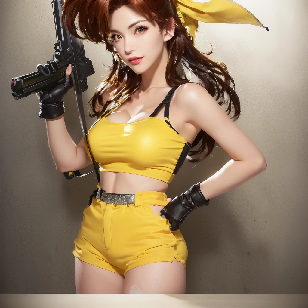 Wearing yellow shorts、With a gun、A woman in her fifties wearing a green top, Faye Valentine from cowboy bebop, Faye Valentine, lovely Bridget from Overwatch, Bridget from Overwatch, Damn, Anime Girl Cosplay, Anime Cosplay, Cammy, Senna from League of Legends, Tifa, From FF7, Anya from Spy x Family, As an Overwatch character, Full Cosplay