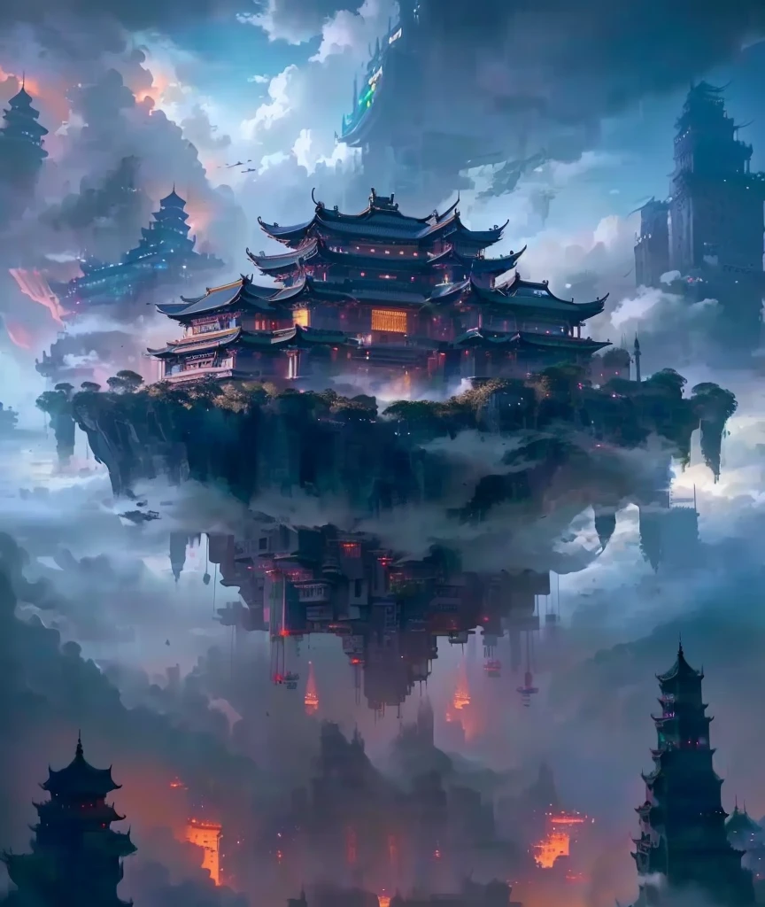 Close-up of buildings against the sky，Clouds, Cyberpunk Chinese Ancient Castle, Cloud Temple, The floating palace, Floating city in the clouds, Floating Land in the Clouds, Chinese Fantasy, Floating city in the sky, Flying island in the sky, Floating island in the air, Palace on the water, Floating island, A huge floating castle, Feiyun Castle