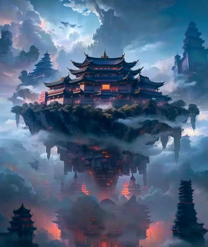 Close-up of buildings against the sky,Clouds, Cyberpunk Chinese Ancient Castle, Cloud Temple, The floating palace, Floating city in the clouds, Floating Land in the Clouds, Chinese Fantasy, Floating city in the sky, Flying island in the sky, Floating island in the air, Palace on the water, Floating island, A huge floating castle, Feiyun Castle