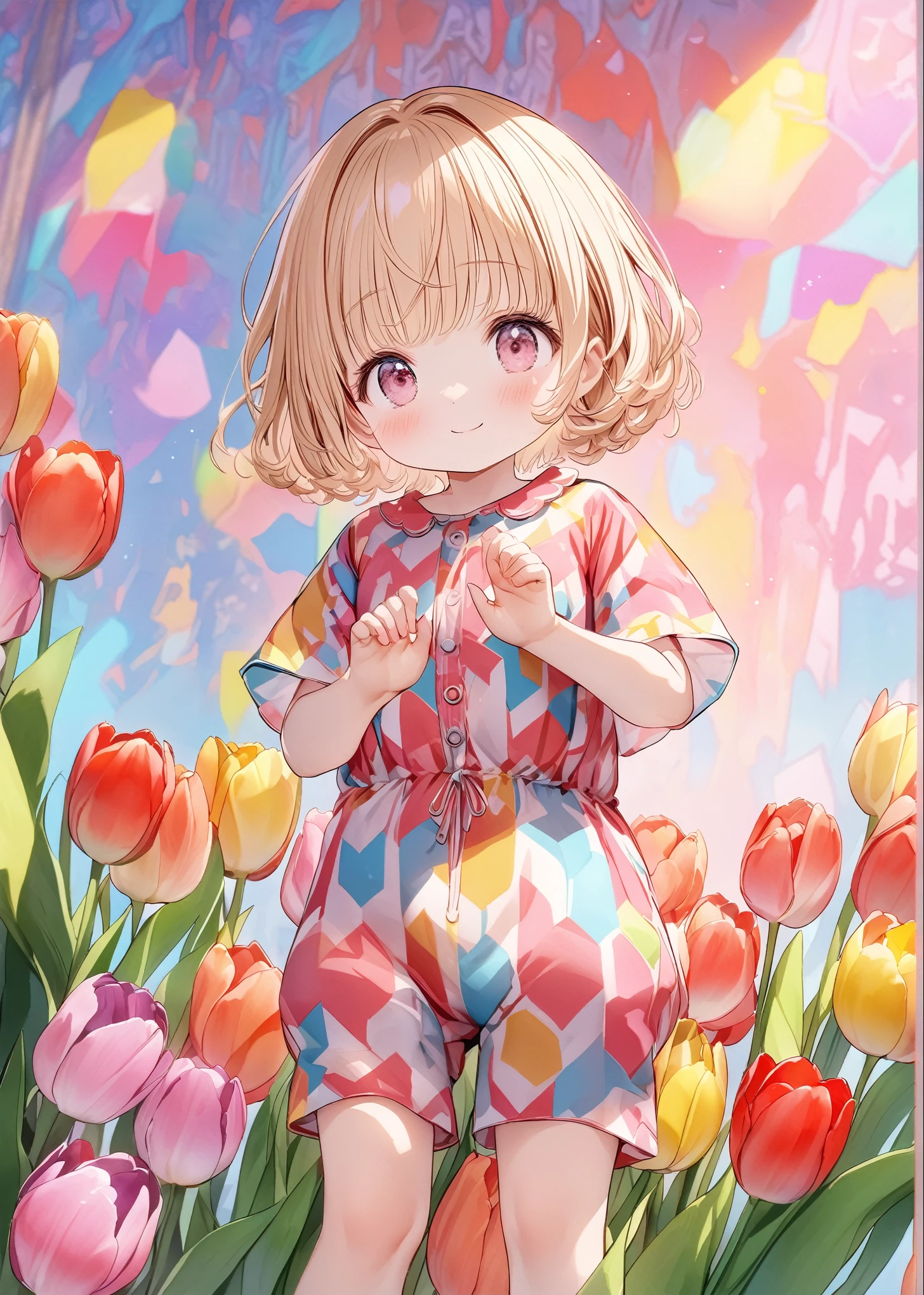 (solo:1.5),1baby\(very cute,soft skin,dark eyes,blond hair,soft curly hair,(very short hair:2.0),wearing romper\(short sleeve,legless\), (looking at viewer),cute smile,full body,cute pose,\), BREAK ,(design of the romper\(white, cute, colorful tulips\(flat design\)\):1.5),colorful tulips all around, BREAK ,quality\(8k,wallpaper of extremely detailed CG unit, ​masterpiece,hight resolution,top-quality,top-quality real texture skin,hyper realisitic,increase the resolution,RAW photos,best qualtiy,highly detailed,the wallpaper,cinematic lighting,ray trace,golden ratio\),low angle,